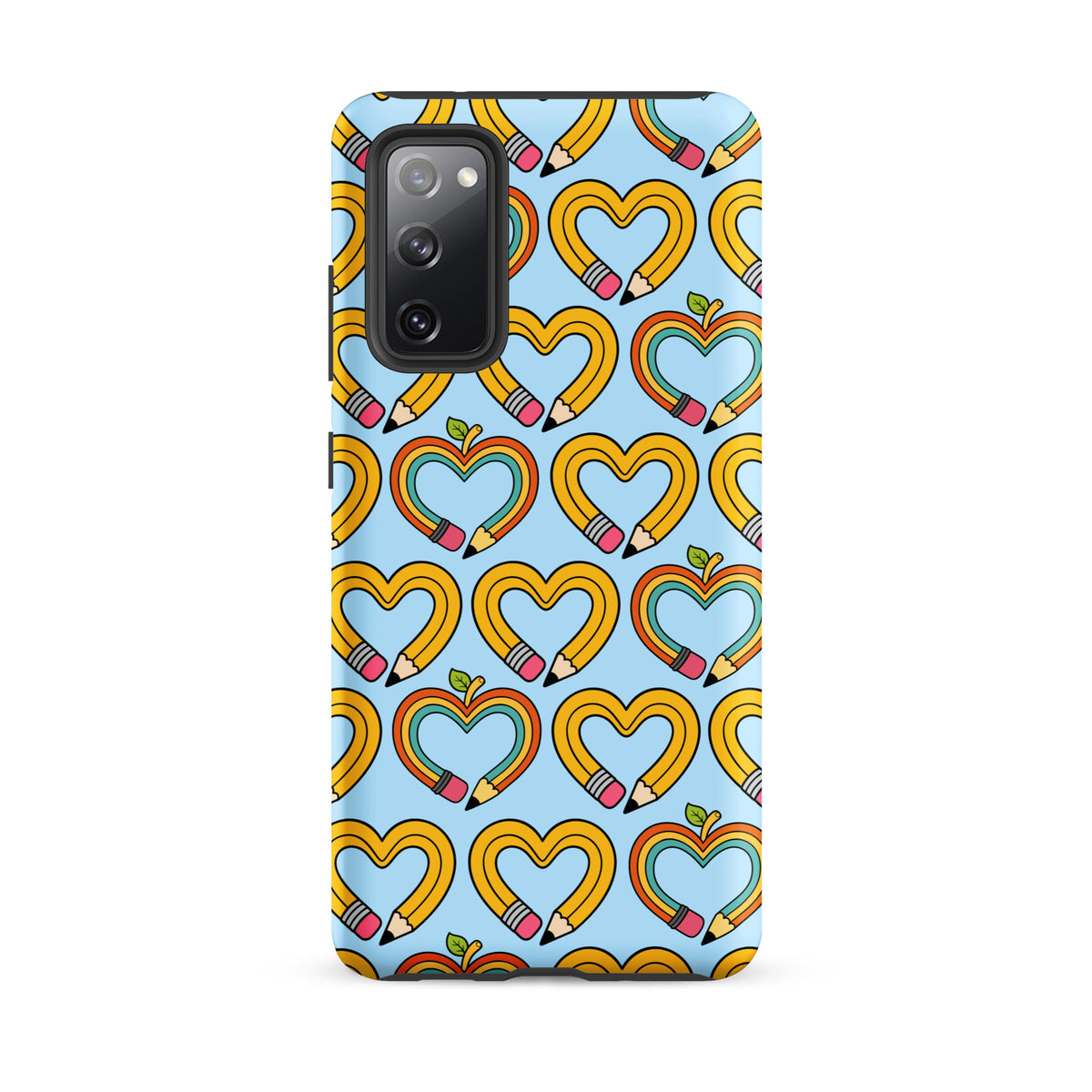 Phone Case for Samsung Galaxy with playful pencil-heart pattern featuring leaves on blue background