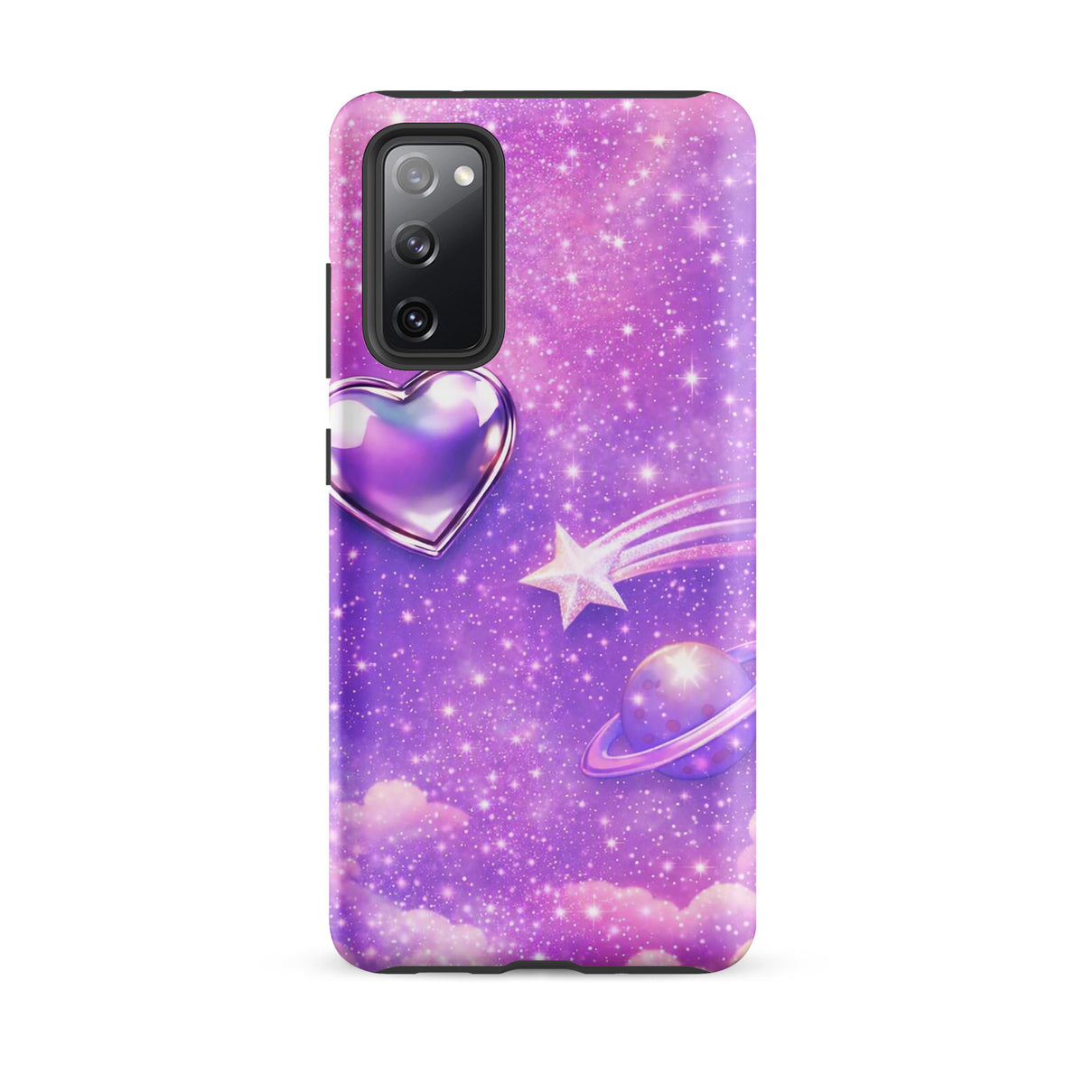 Cosmic Heart Phone Case for Samsung Galaxy with iridescent heart, shooting star, and ringed planet design on pastel sky