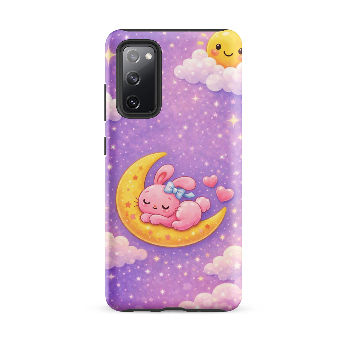 Phone Case for Samsung Galaxy - Cute, Cozy, Dreamy Bunny Moon Design with pastel sky and sleeping pink bunny on a crescent moon.