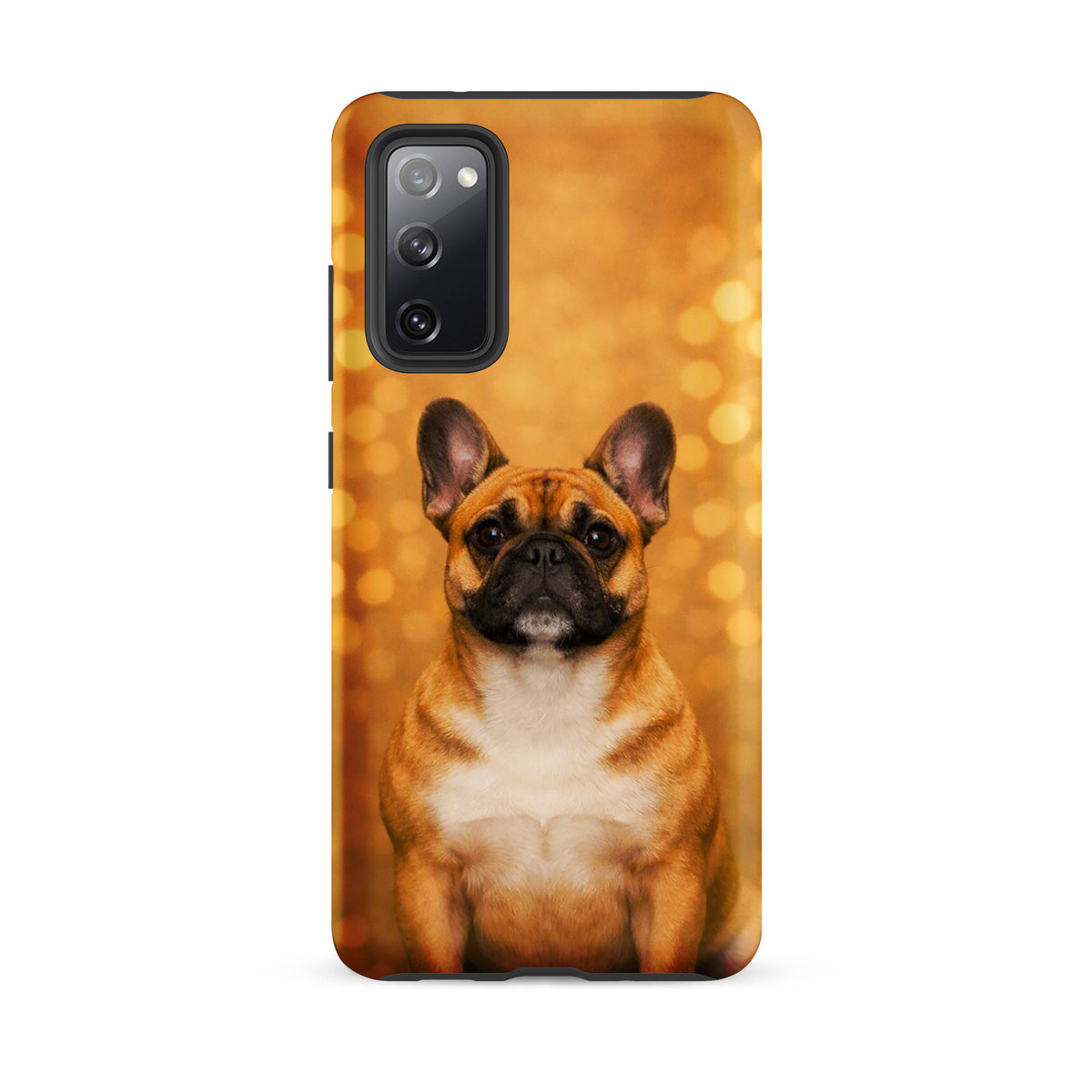 Phone Case for Samsung Galaxy featuring a French Bulldog with a golden bokeh background, showcasing whimsical and charming design.