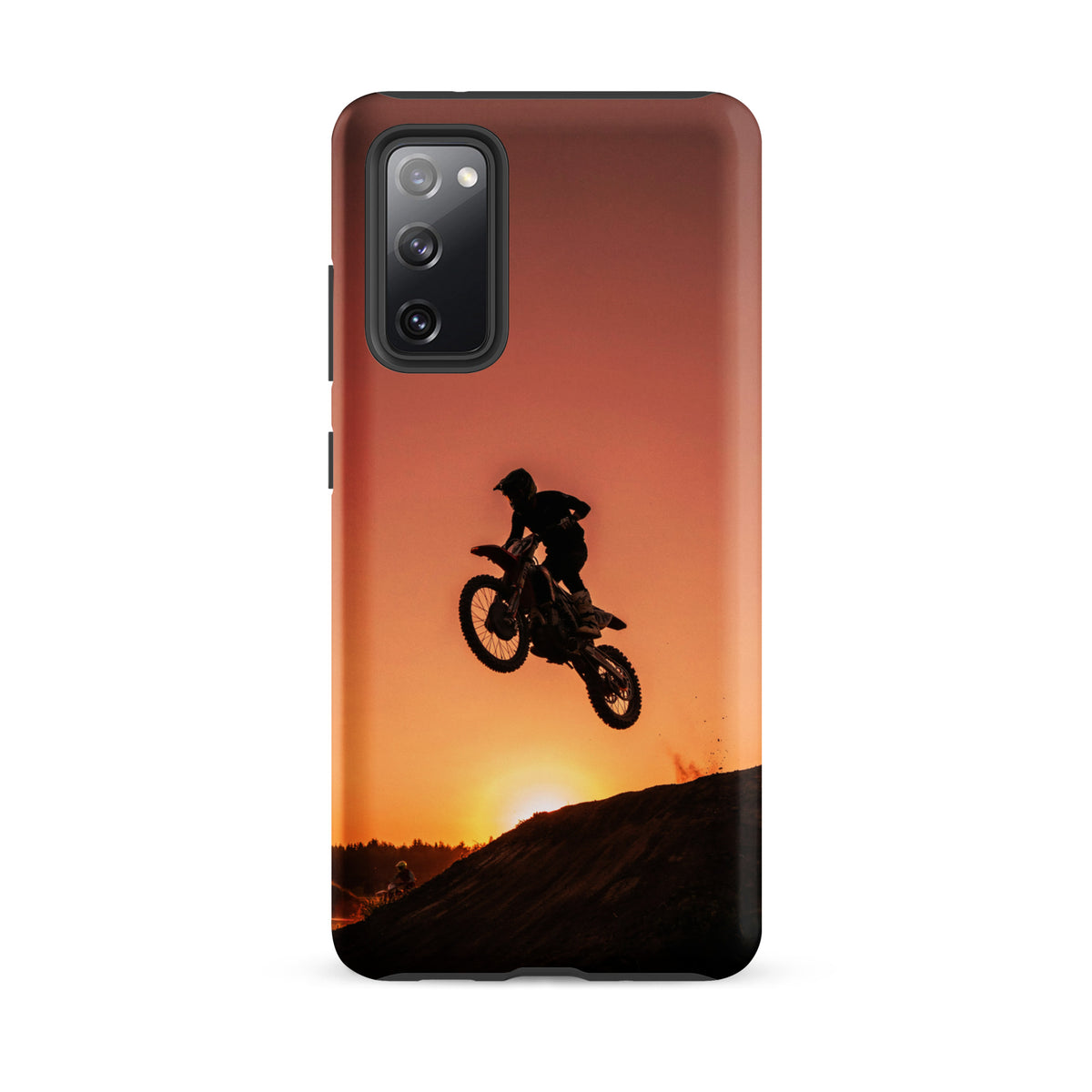 Phone Case for Samsung Galaxy with motocross sunset dirt bike design showcasing a dramatic jump against a glowing sunset background.