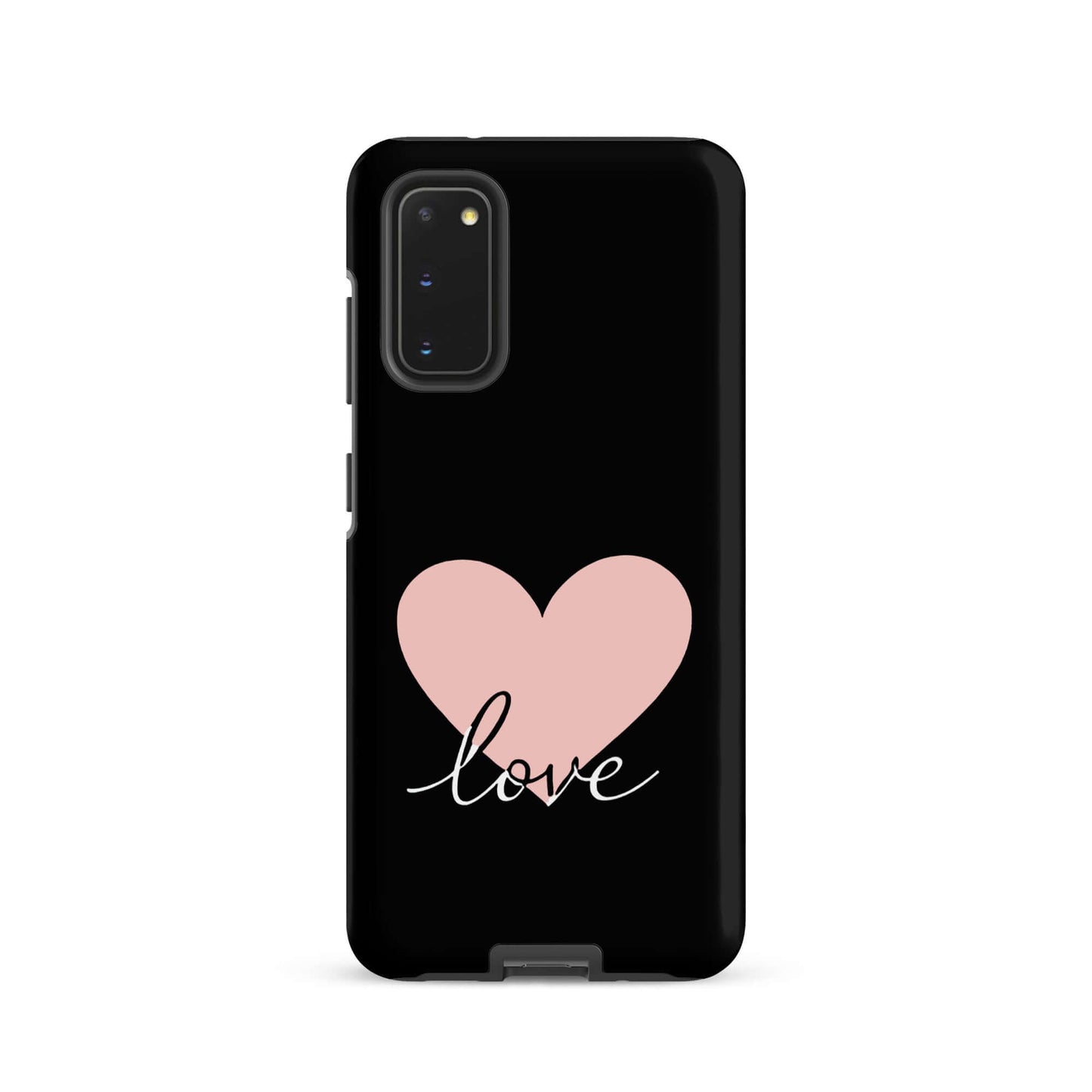 Phone Case Samsung Galaxy featuring a pink heart and script love design on a black background.