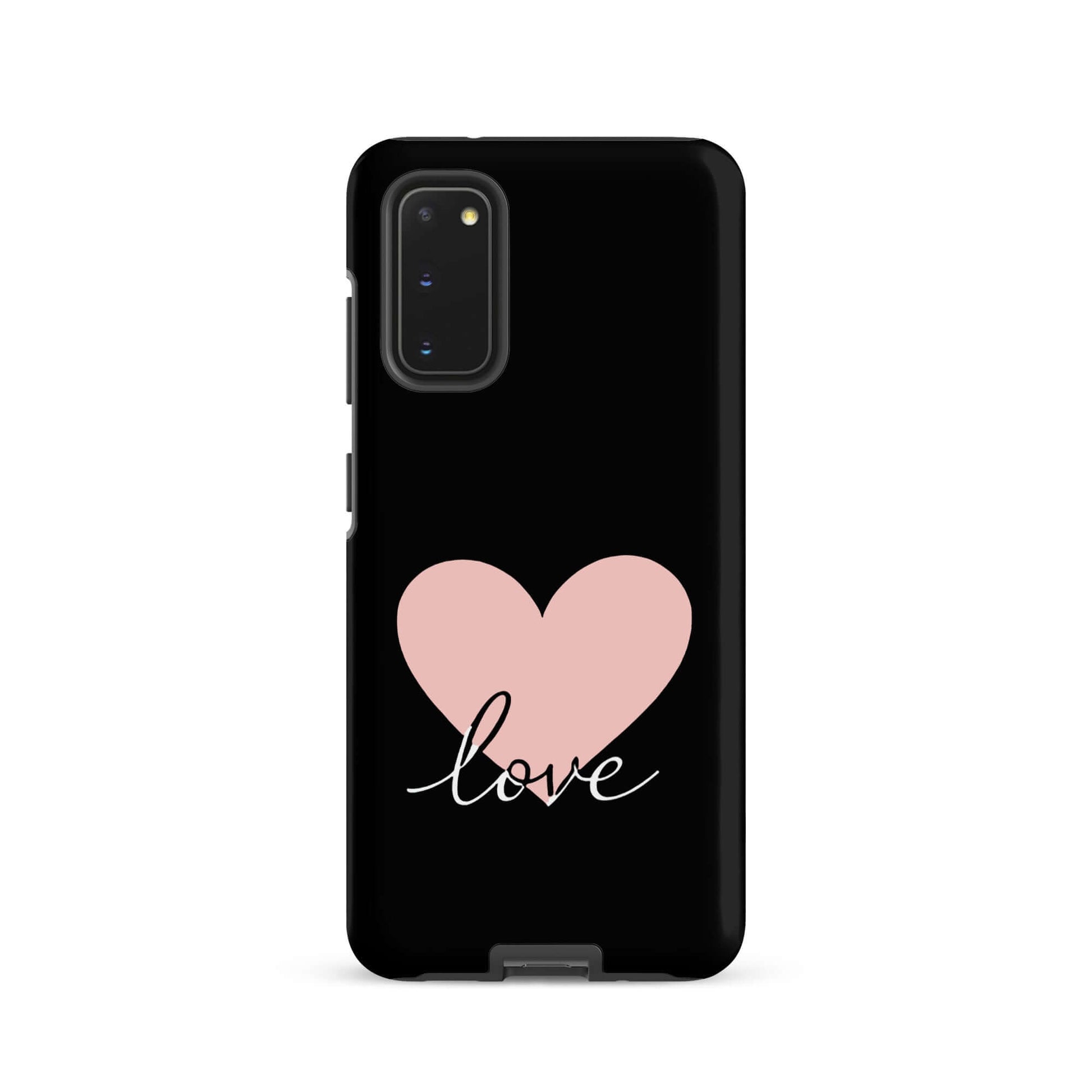Phone Case Samsung Galaxy featuring a pink heart and script love design on a black background.