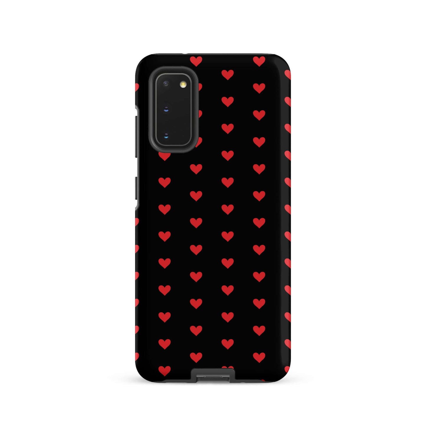 Phone Case for Samsung Galaxy with fiery red hearts on a black background, combining style and protection.
