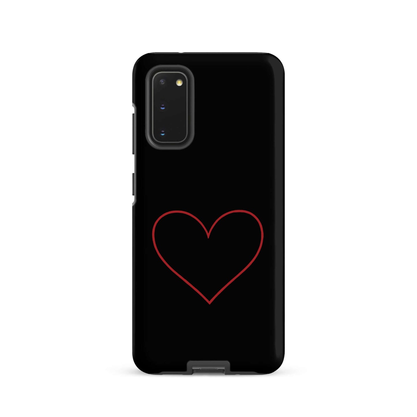 Phone Case for Samsung Galaxy featuring a minimalist crimson heart design on a sleek black background.