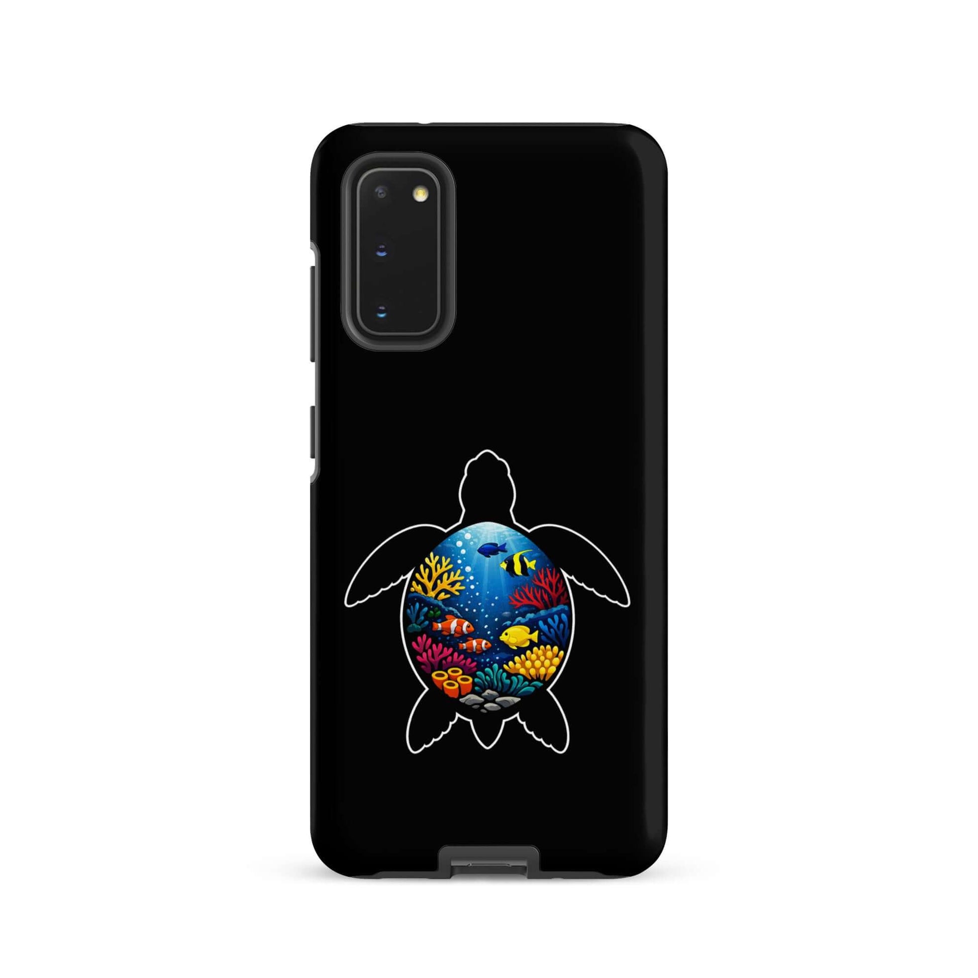 Phone case for Samsung Galaxy featuring a vibrant sea turtle reef design with colorful coral on a black background.