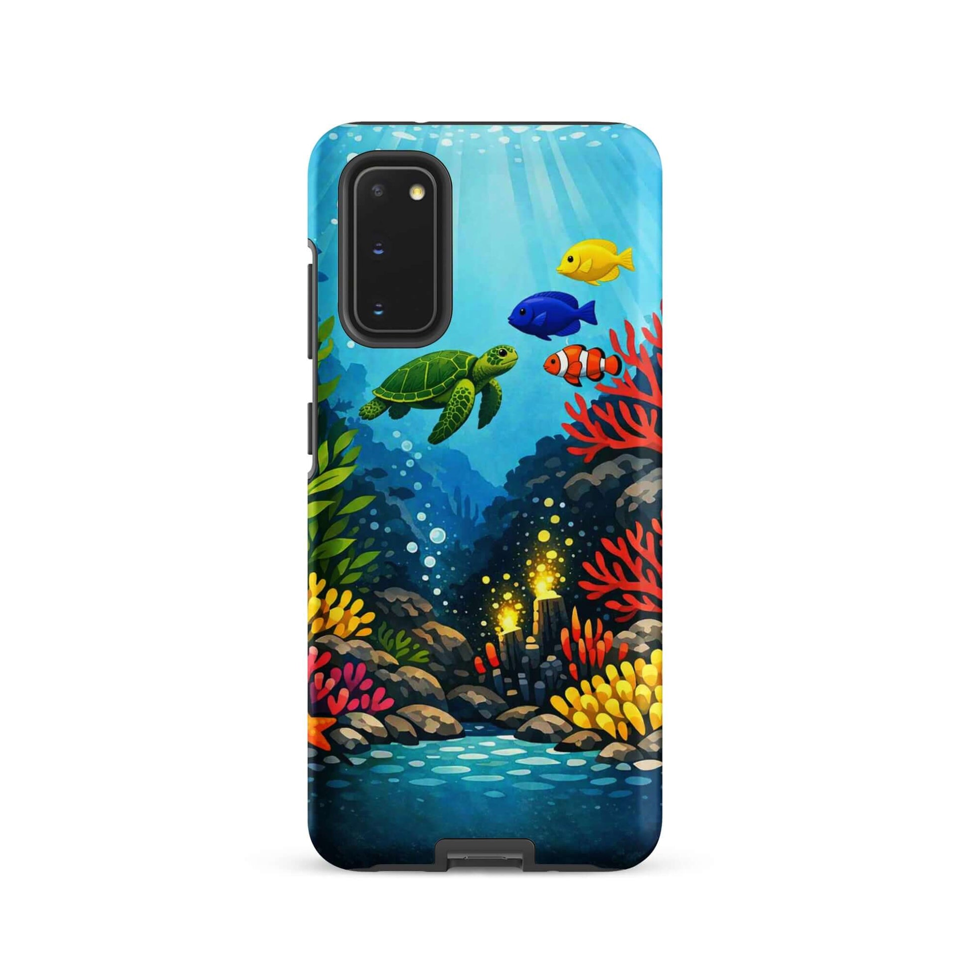 Phone case featuring vibrant sea turtle and coral reef design for Samsung Galaxy.