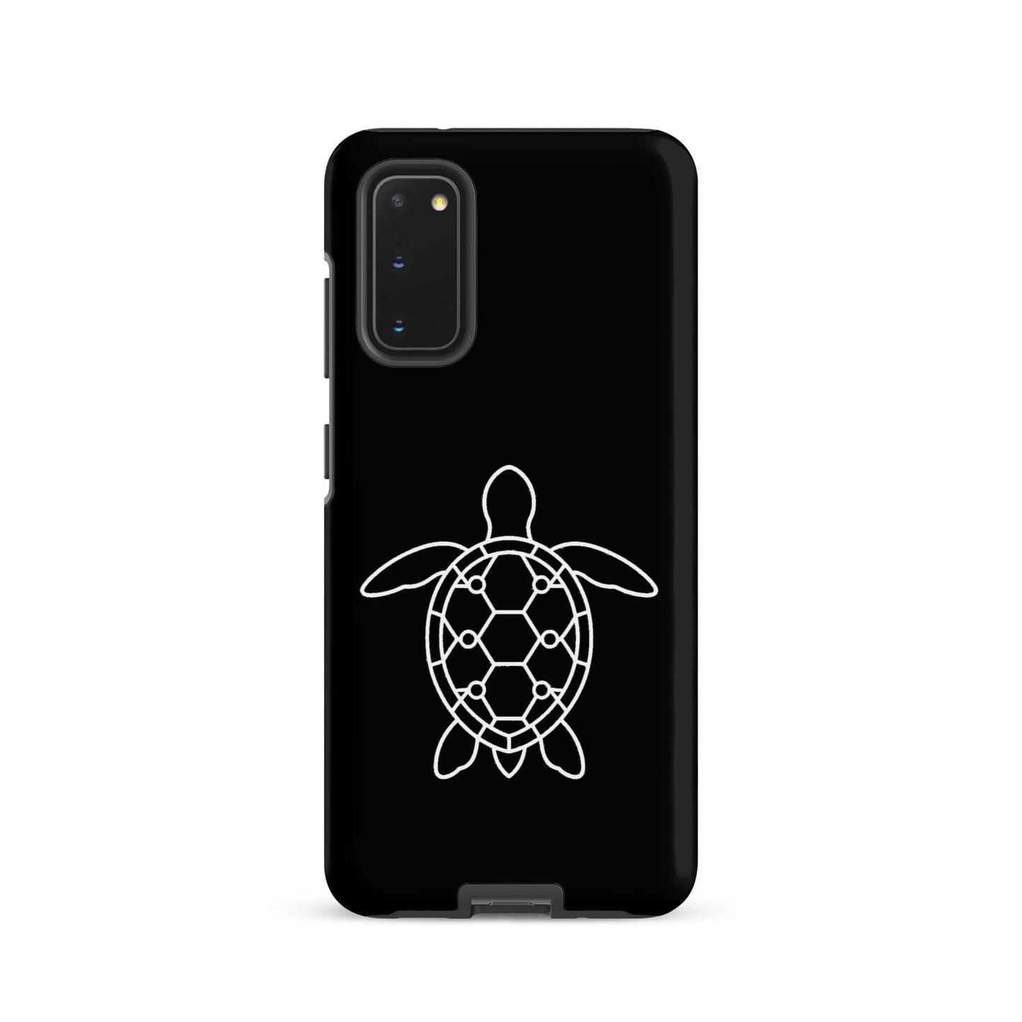 Phone case featuring a minimalist sea turtle silhouette design against a sleek black background.