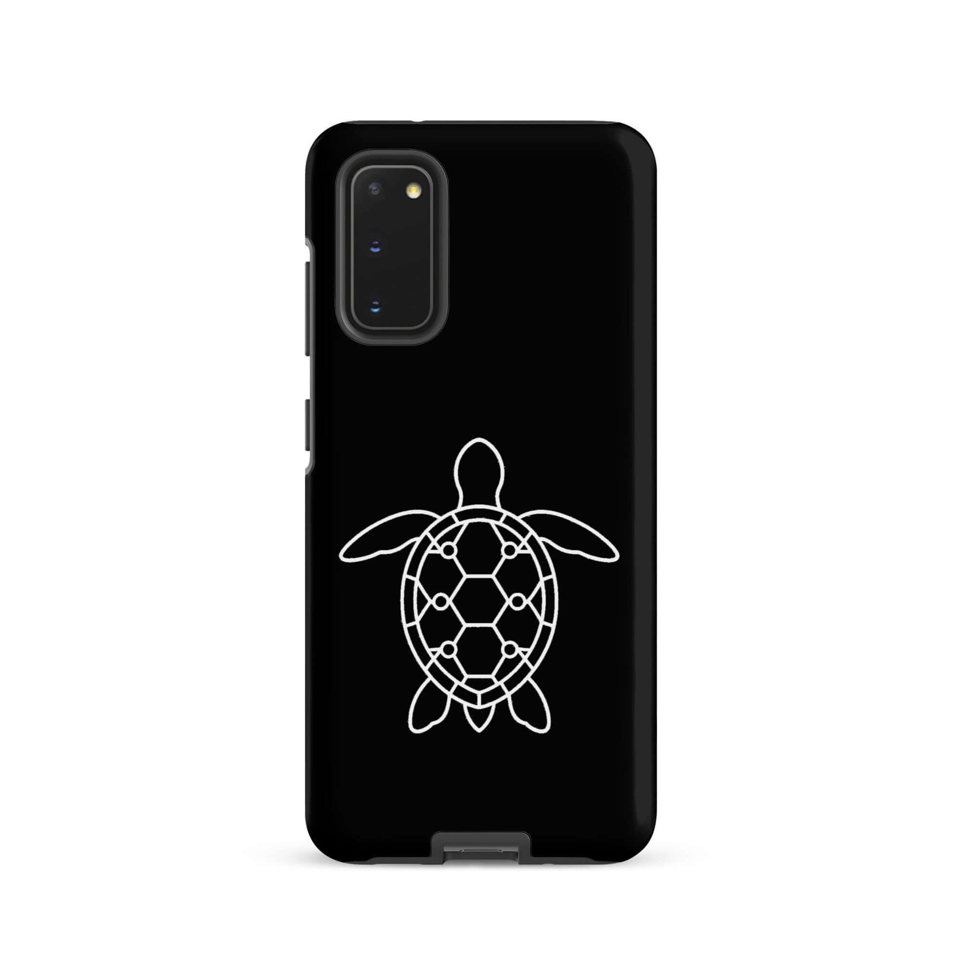 Phone case featuring a minimalist sea turtle silhouette design against a sleek black background.
