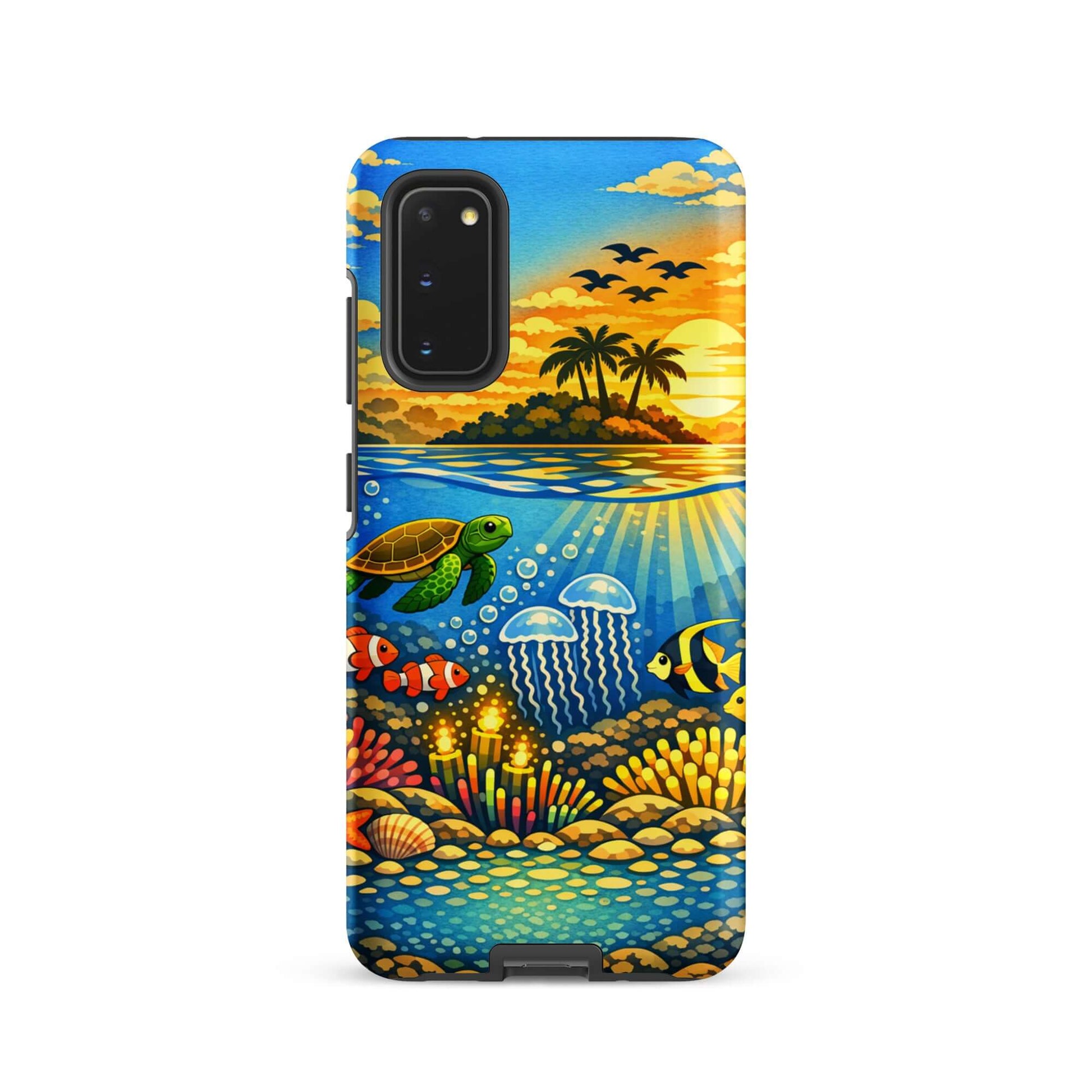 Phone Case for Samsung Galaxy with tropical sunset and underwater reef featuring sea turtles and clownfish.