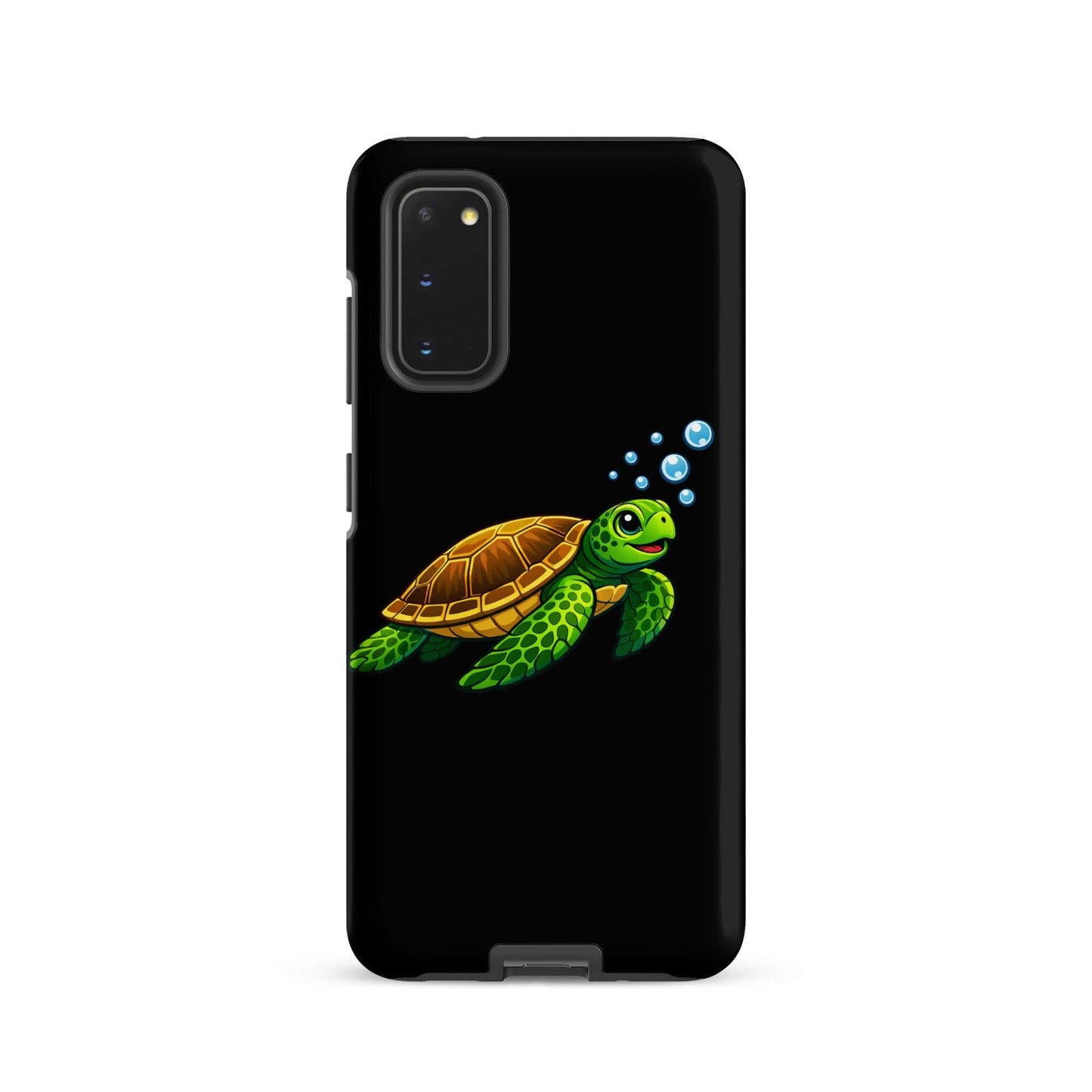 Phone Case featuring vibrant sea turtle artwork swimming with bubbles on a sleek black background.
