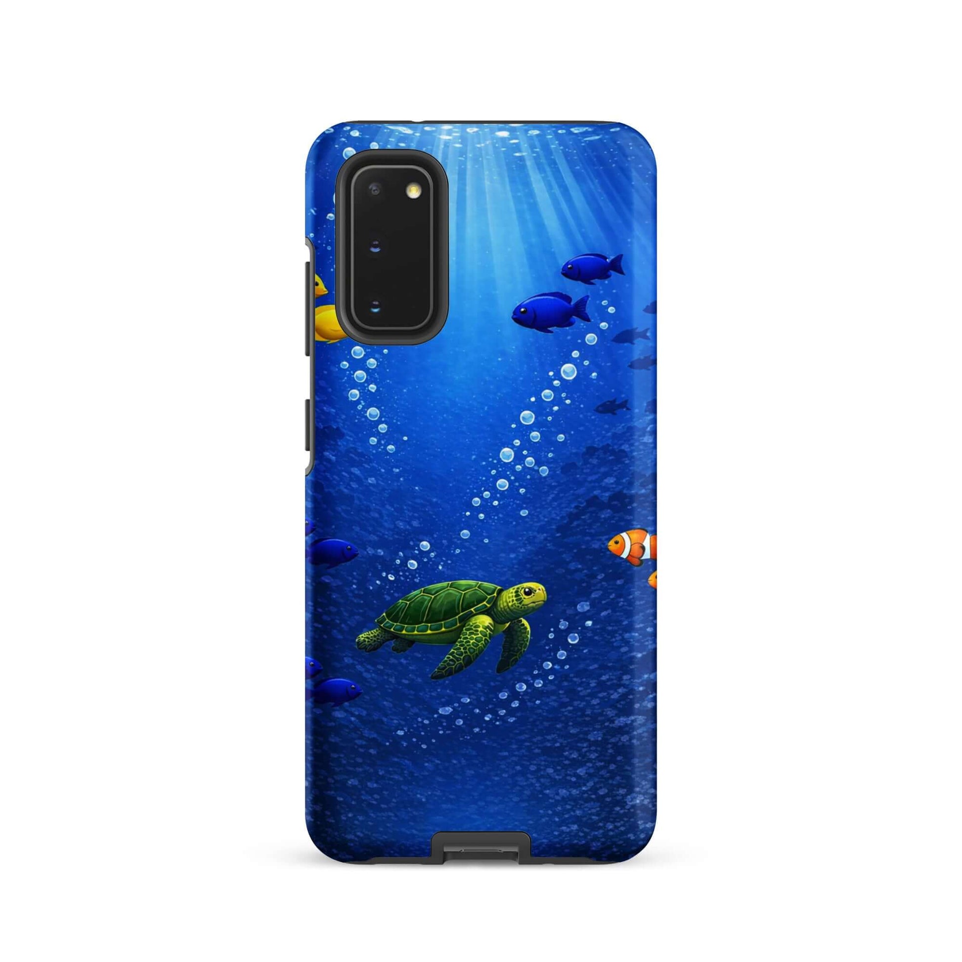 Phone Case for Samsung Galaxy featuring a sea turtle design swimming among colorful fish in a deep blue ocean.