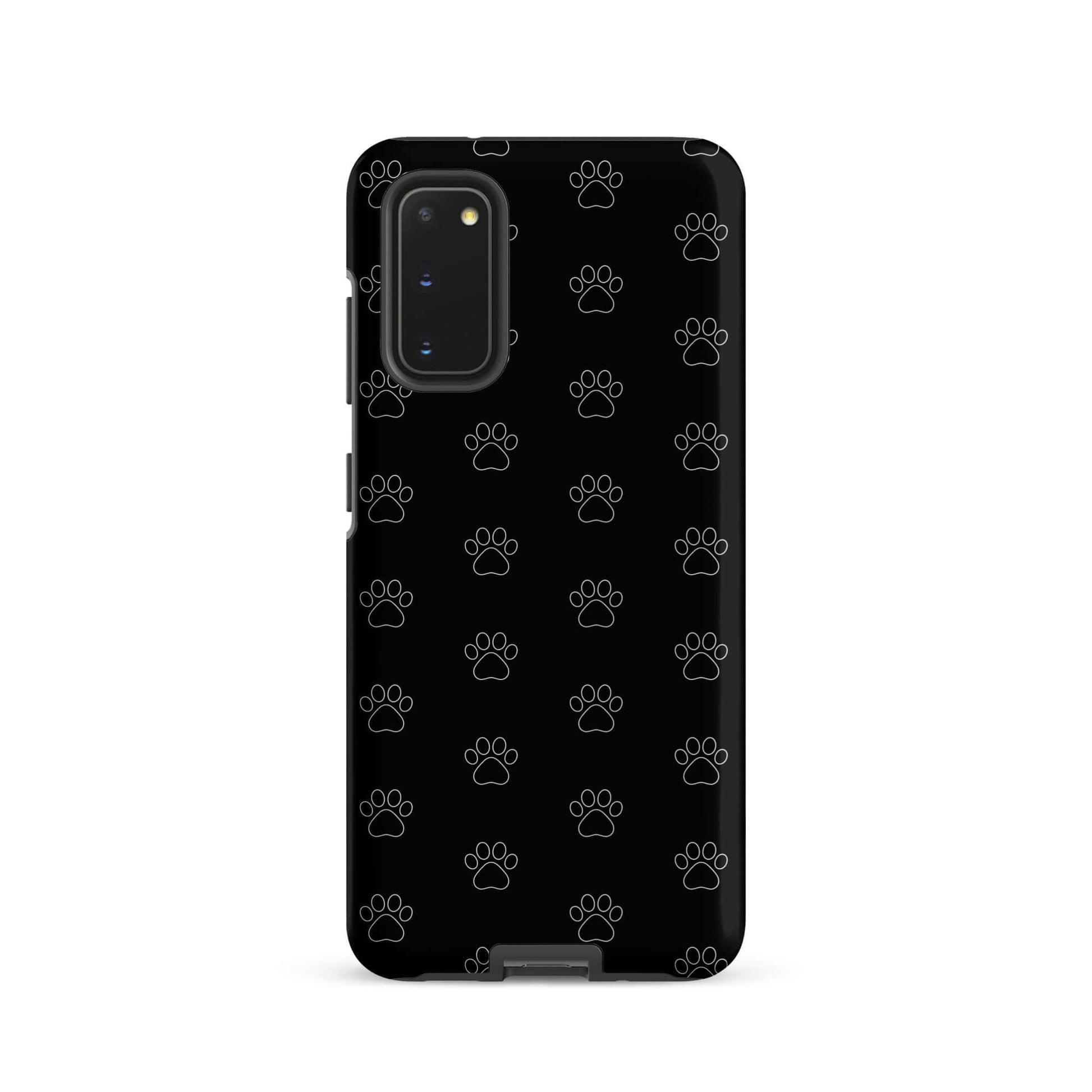 Phone Case for Samsung Galaxy featuring a playful paw print pattern in black, designed for pet lovers.