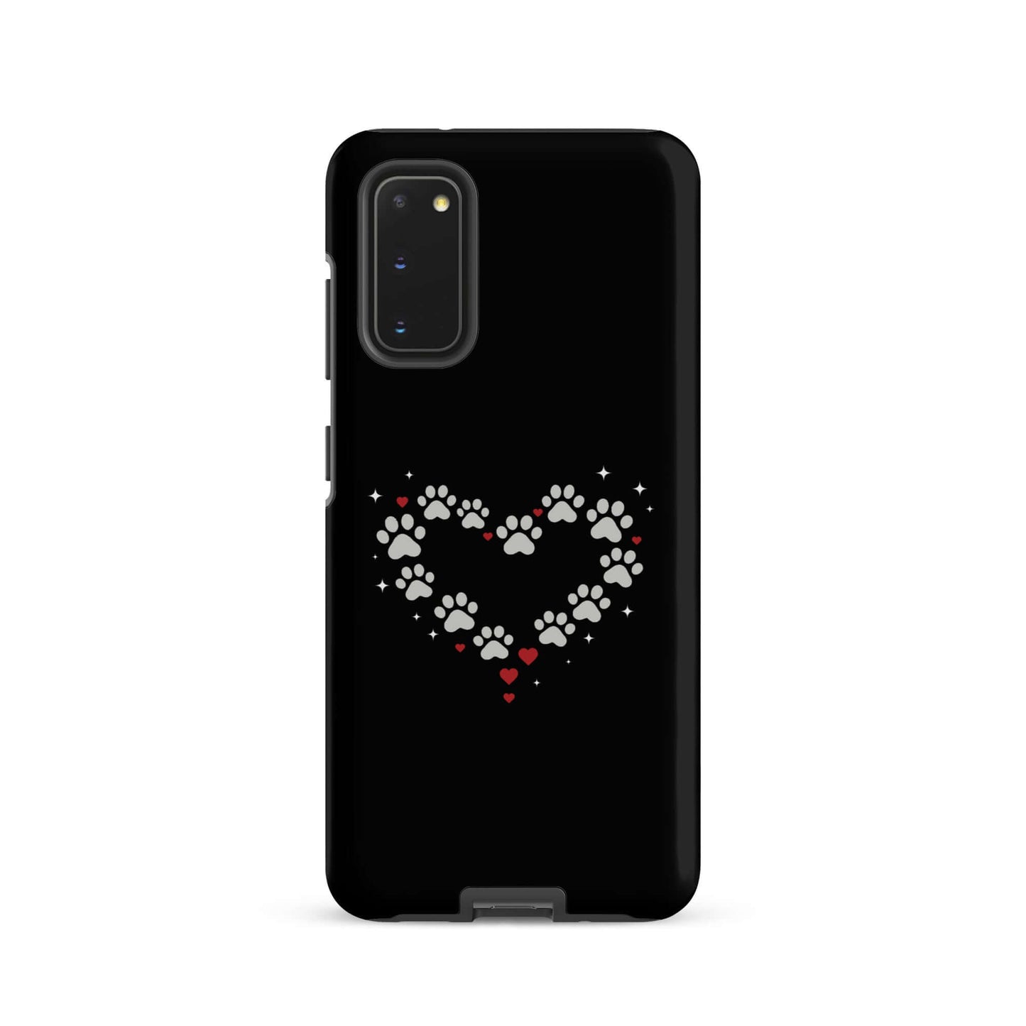 Phone Case for Samsung Galaxy with paw-print heart design on a black background.