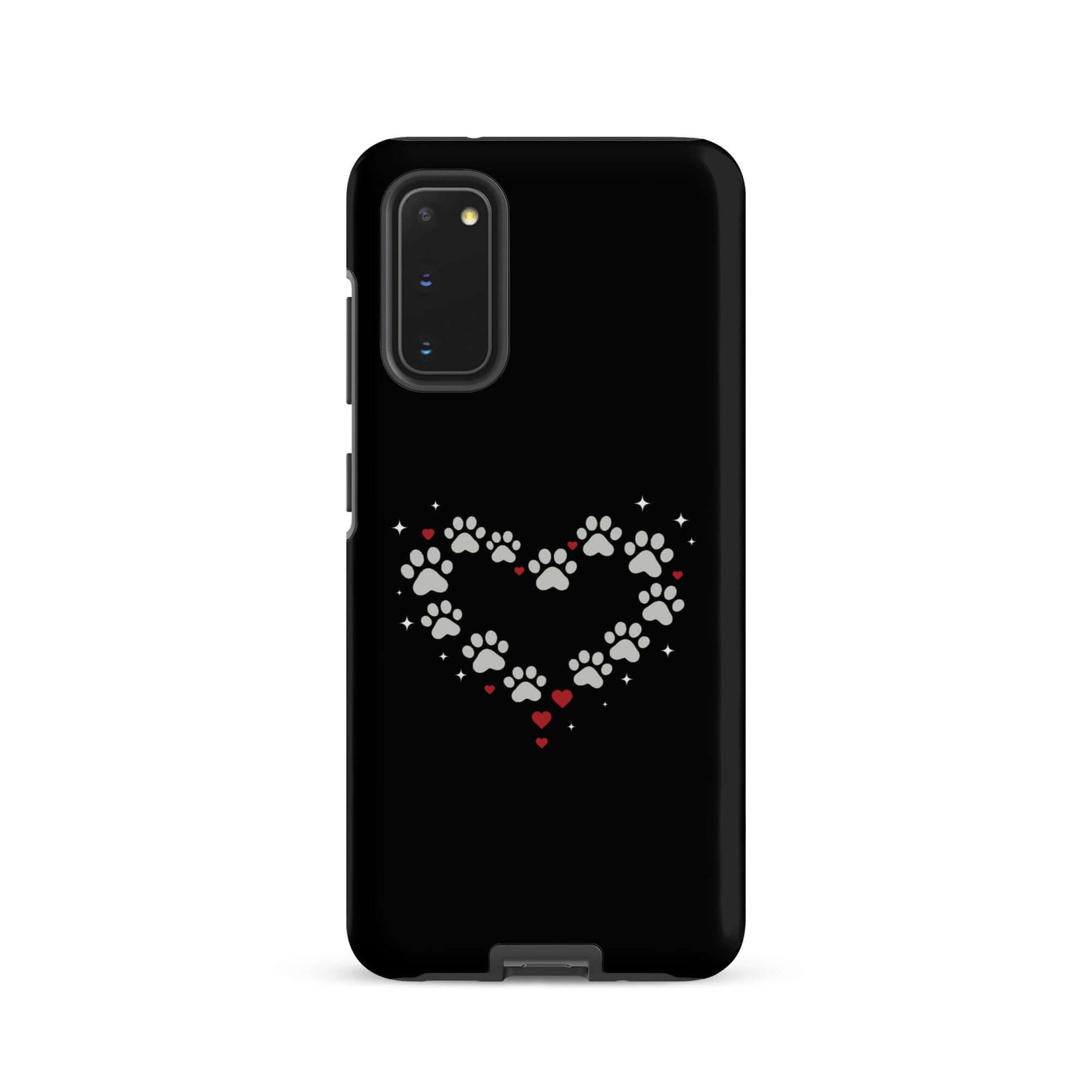 Phone Case for Samsung Galaxy with paw-print heart design on a black background.