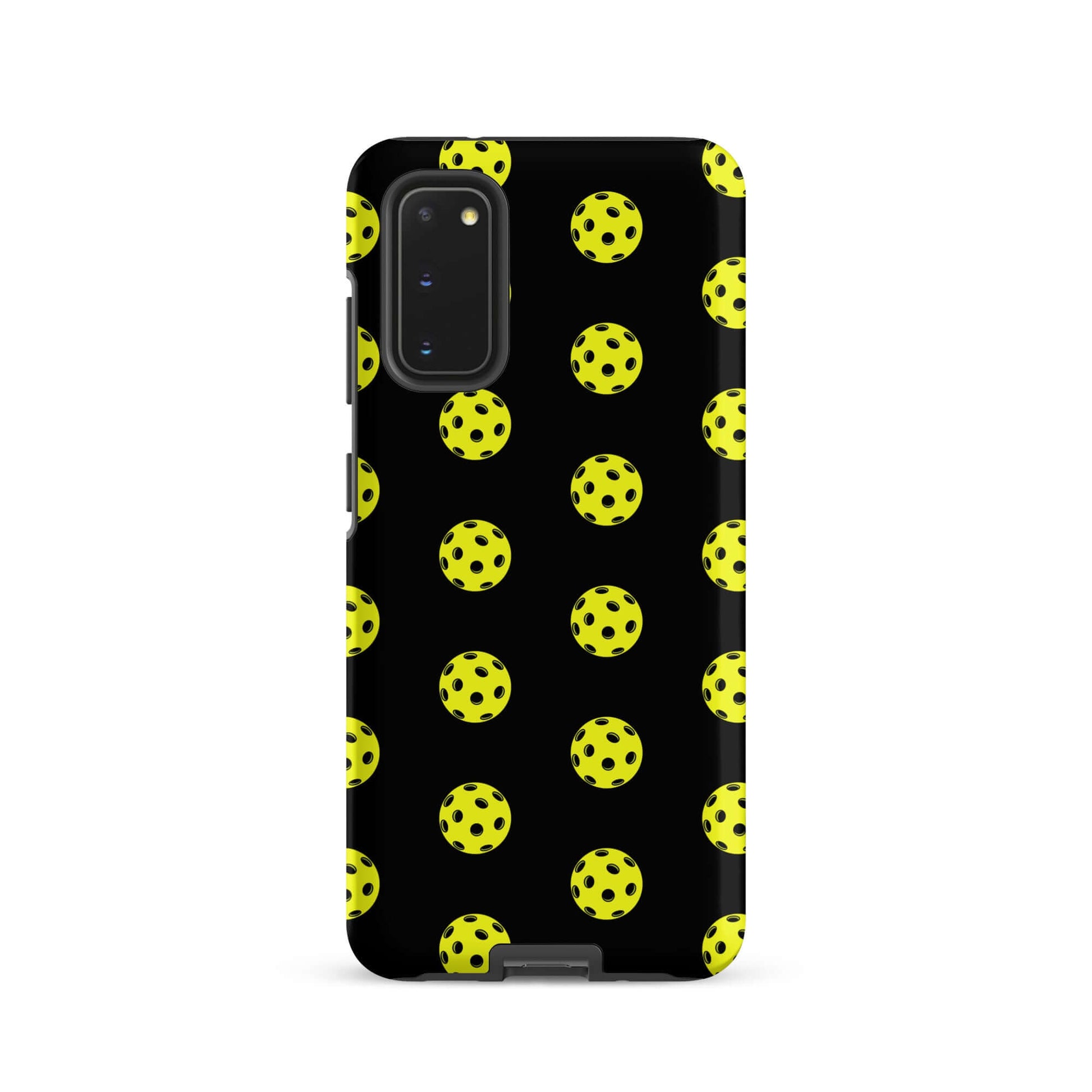 Phone Case featuring a playful pickleball pattern on a black background, perfect for sporty style.