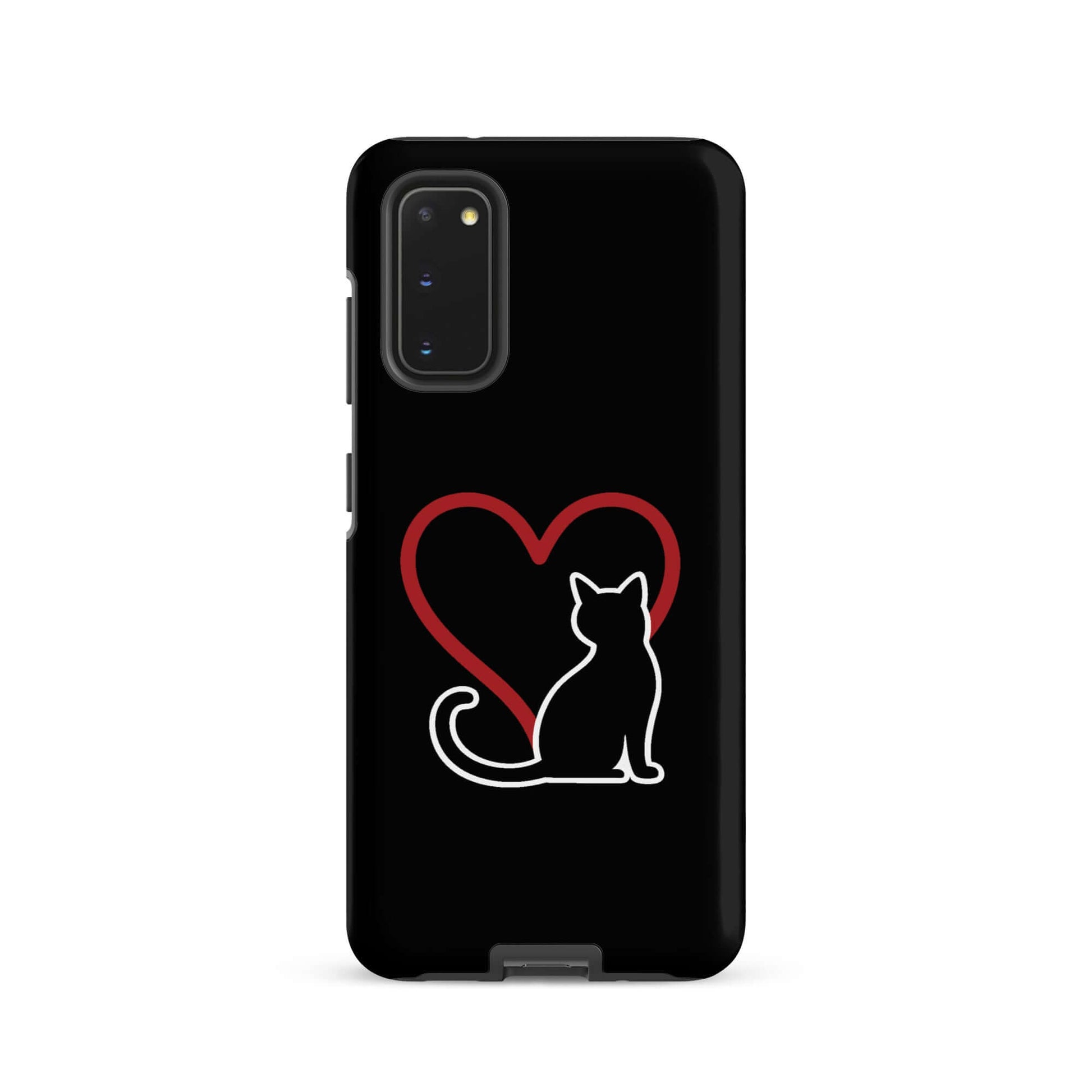 Phone Case for Samsung Galaxy featuring a black cat silhouette and red heart design, perfect for cat lovers.