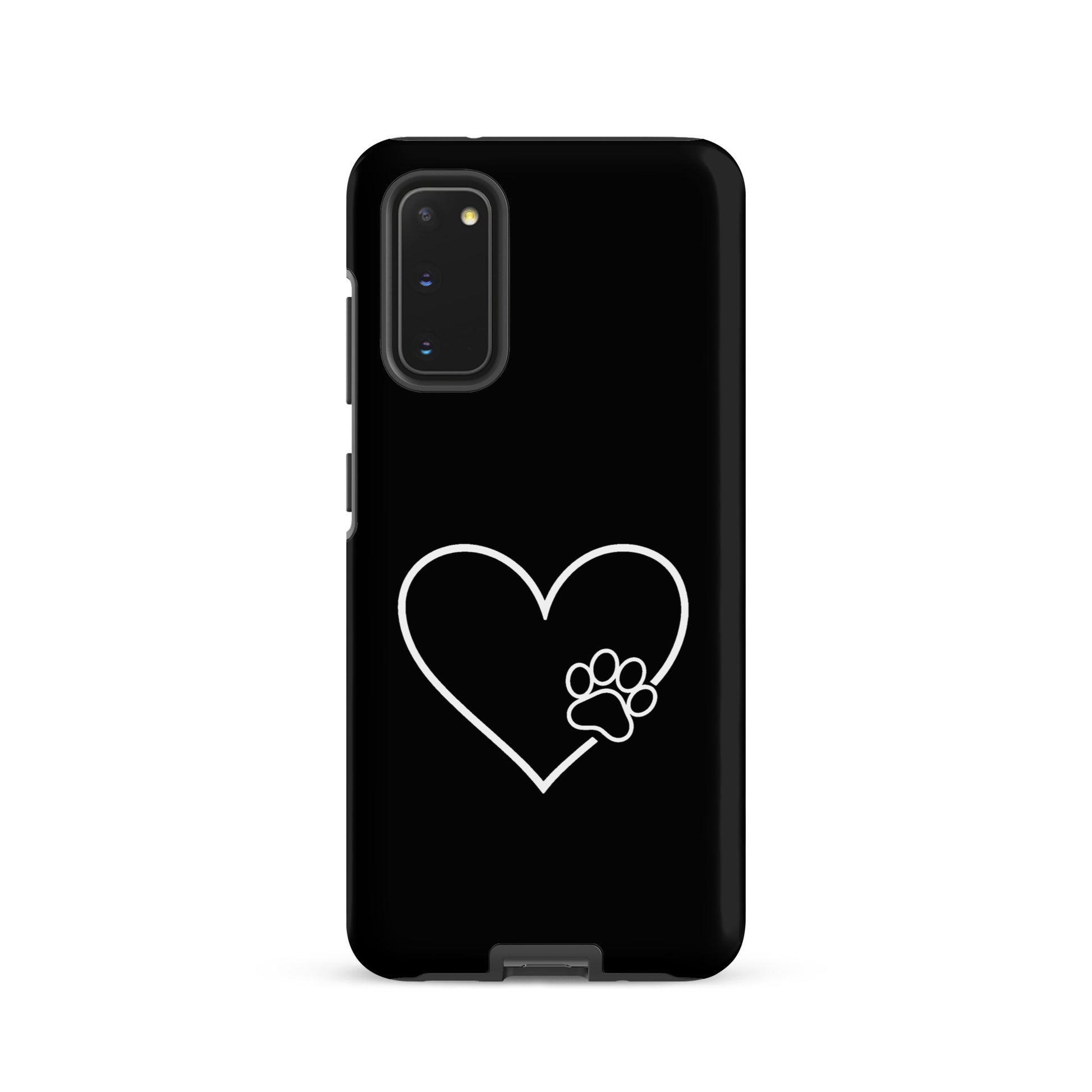 Phone Case for Samsung Galaxy with elegant heart and paw print design, black case with white outline, symbolizes pet love and connection.