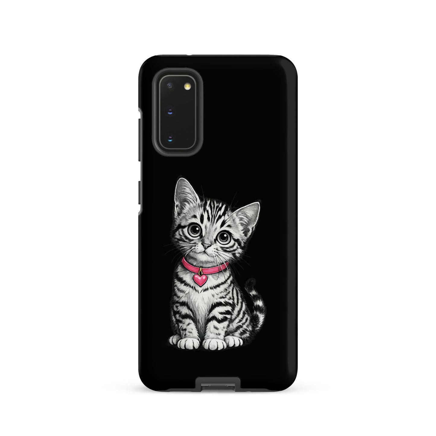 Phone Case for Samsung Galaxy with kitten design and pink heart charm.