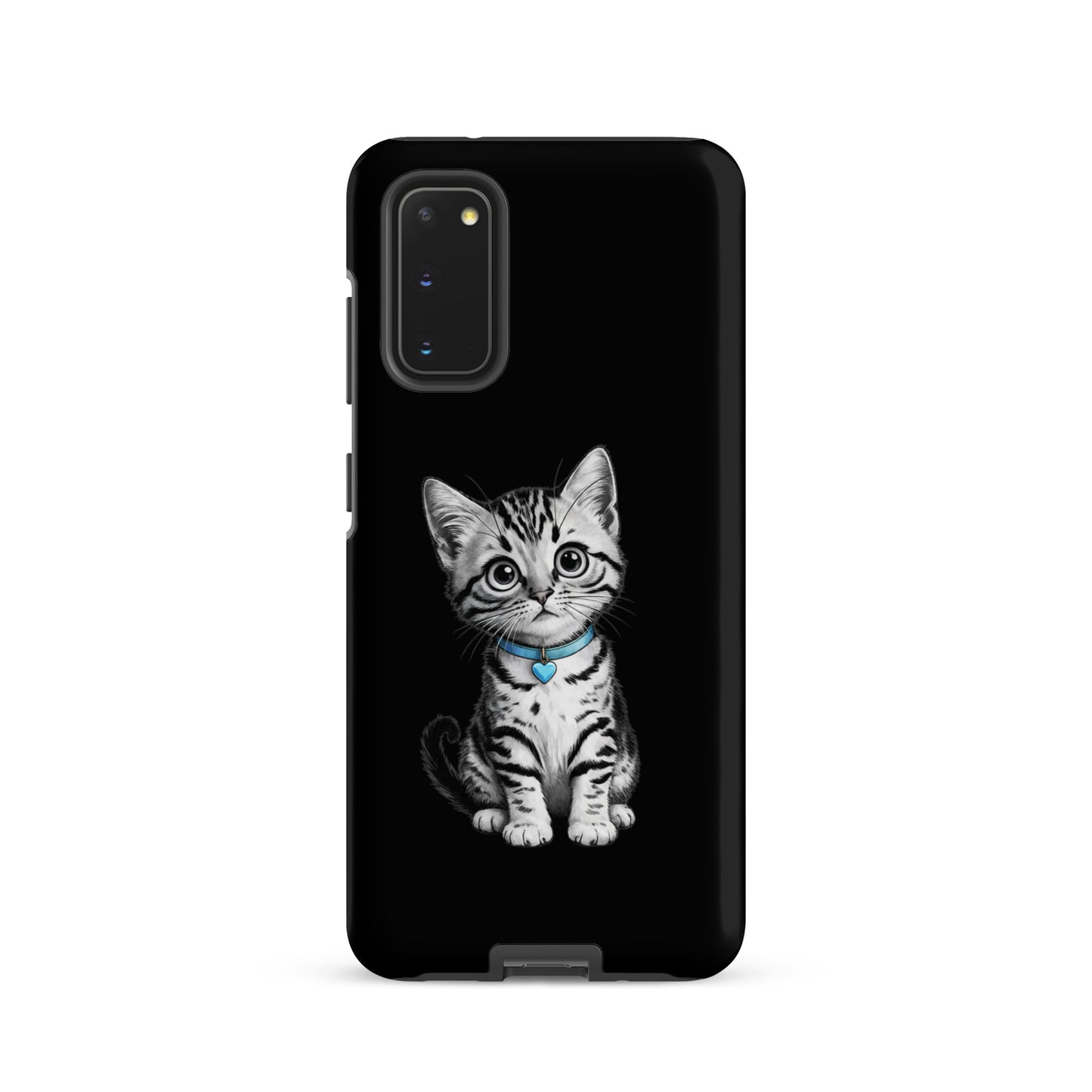 Phone Case for Samsung Galaxy featuring a pencil-sketch kitten with blue heart charm on a black background, offering stylish protection.