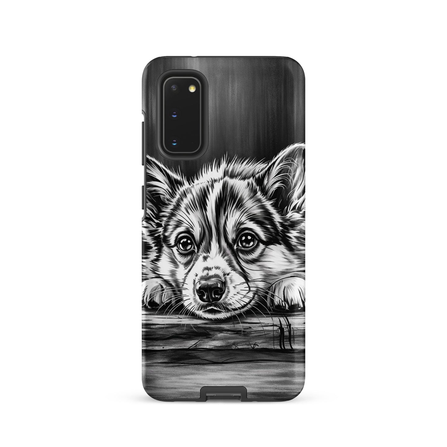 Phone Case for Samsung Galaxy with elegant black-and-white puppy art illustration resting on aged wood for premium protection.