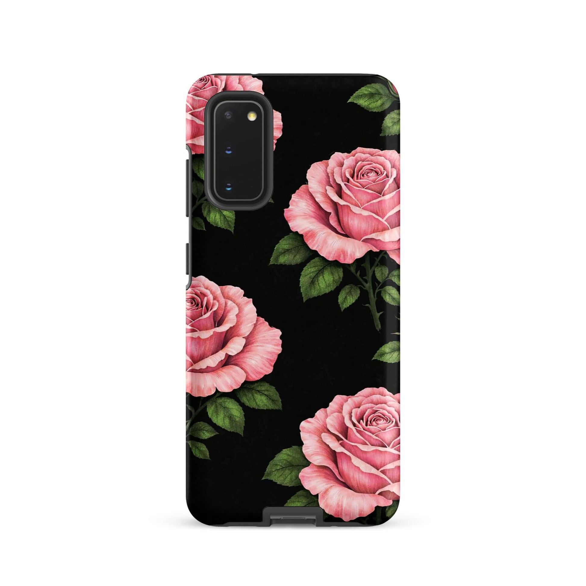 Phone Case for Samsung Galaxy in a pink rose garden design with soft pink roses and green leaves on a black background. Floral tough case.
