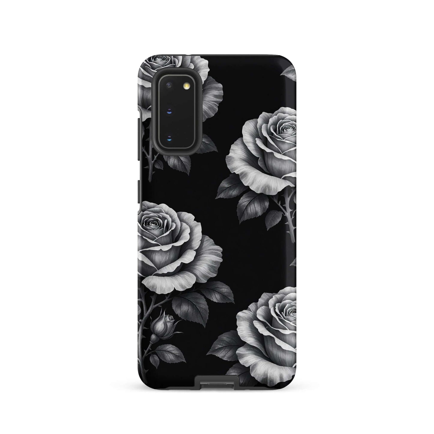 Phone Case for Samsung Galaxy with rose garden design on black background, featuring hand-sketched roses and leaves.