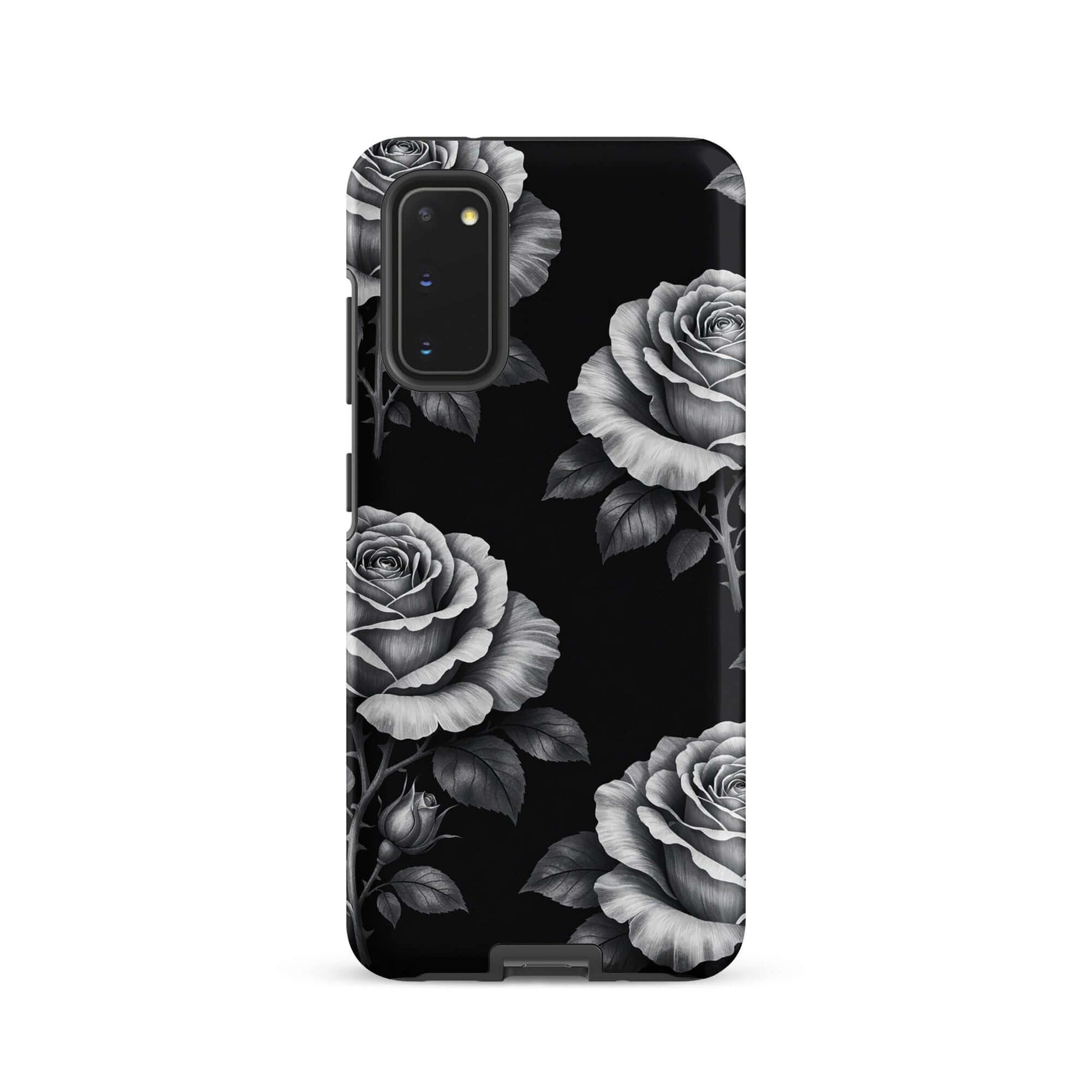 Phone Case for Samsung Galaxy with rose garden design on black background, featuring hand-sketched roses and leaves.