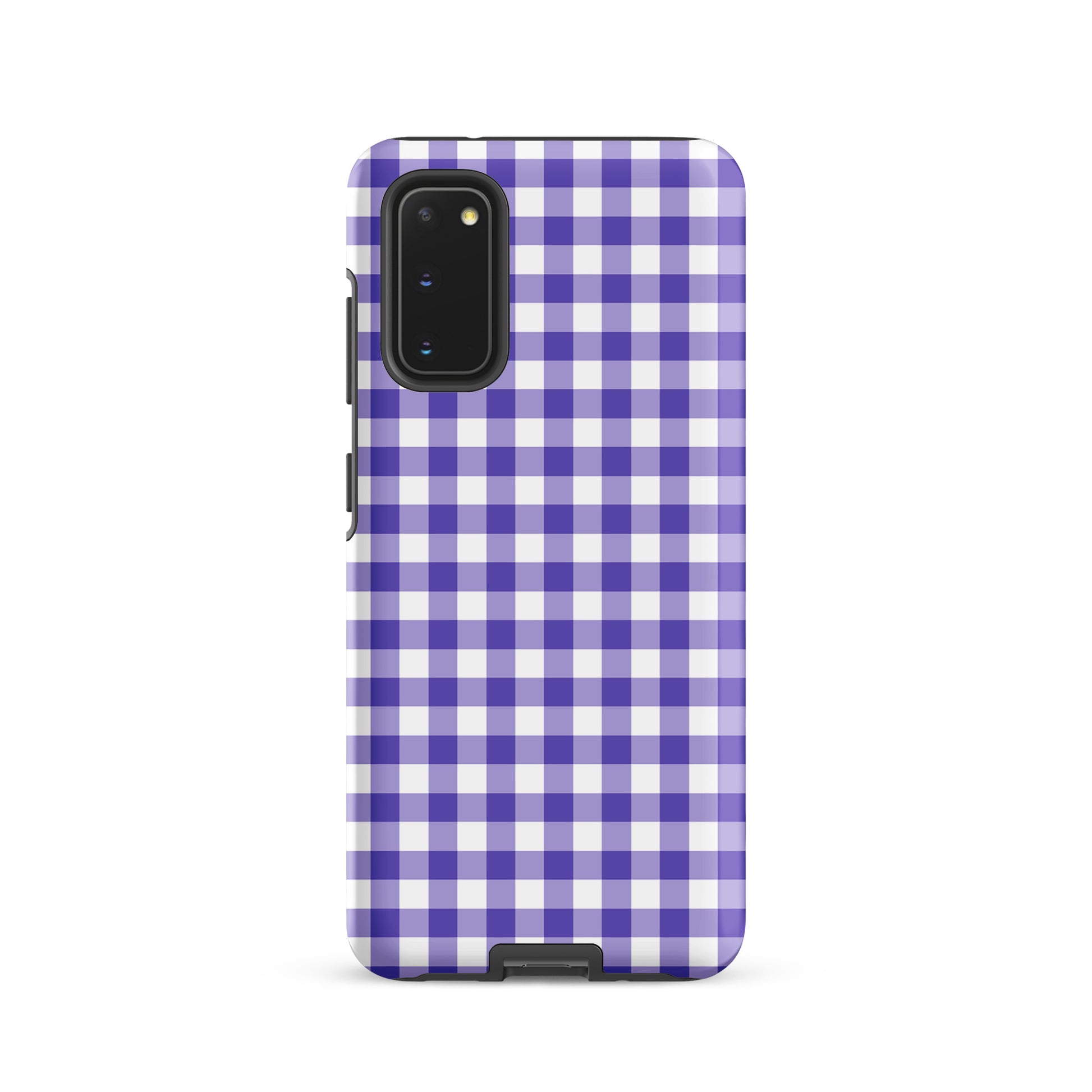 Phone case with purple gingham pattern for Samsung Galaxy, combining style and protection.