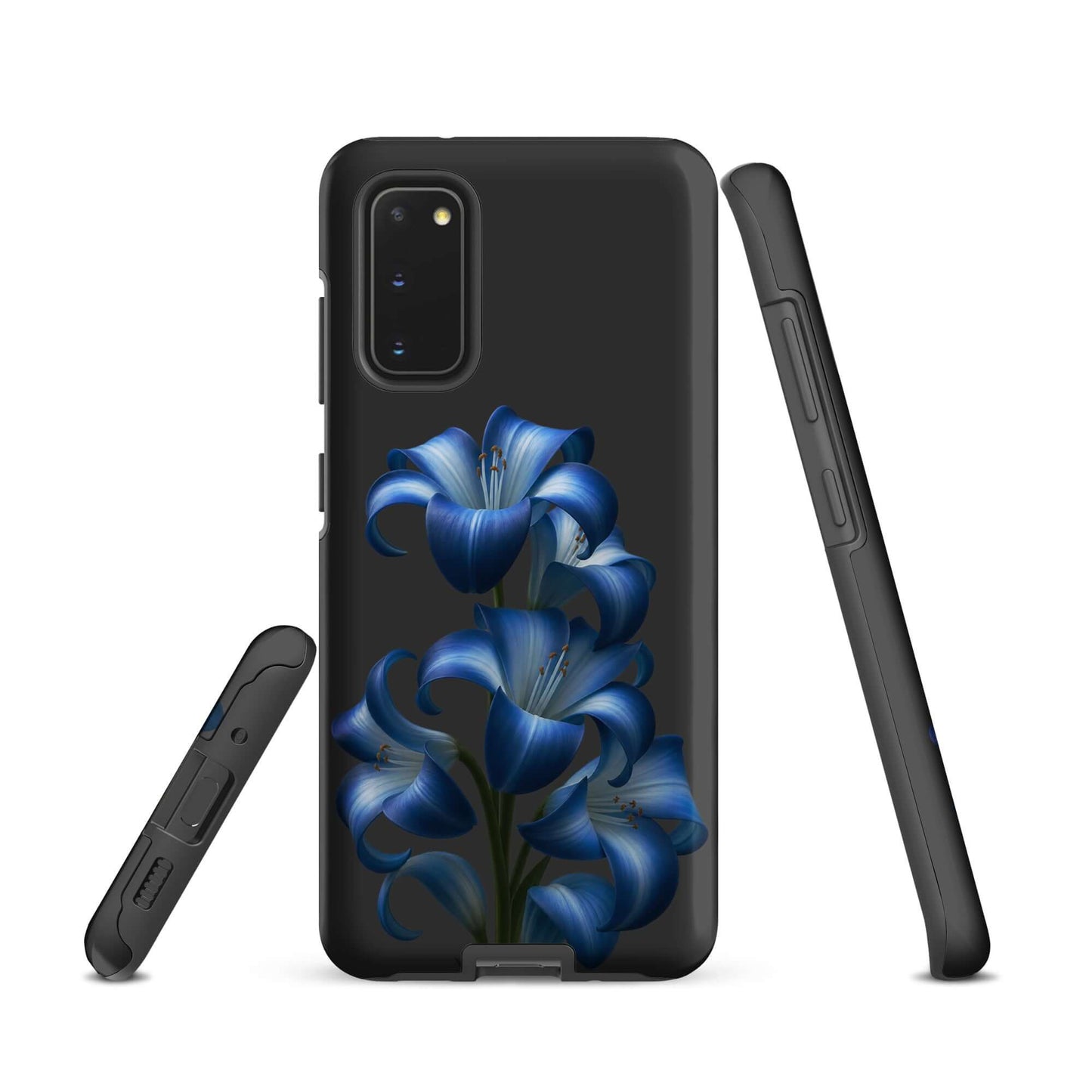 Phone Case for Samsung Galaxy with blue lily bloom art, showing vibrant floral design on a protective black dual-layer cover.