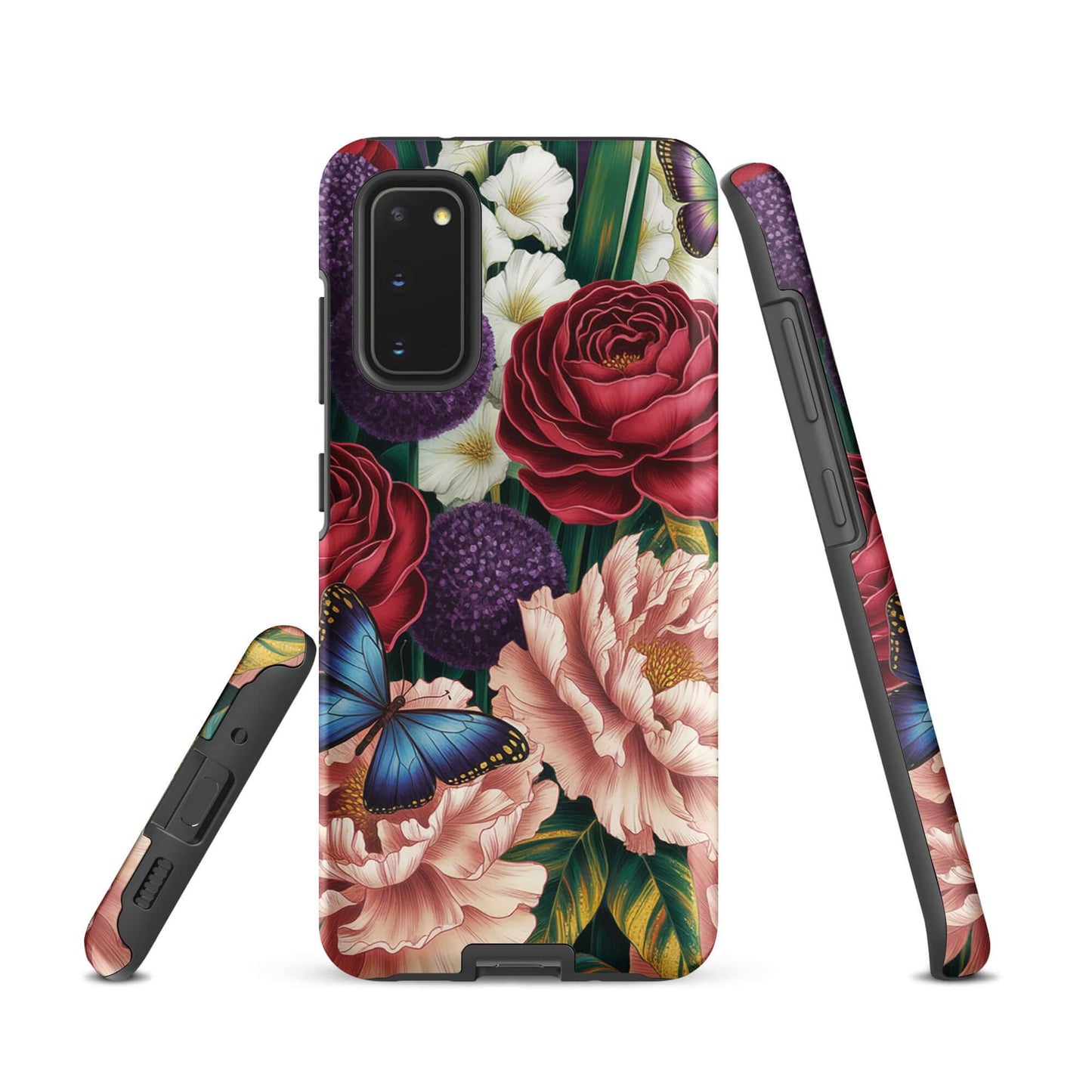 Phone Case for Samsung Galaxy with floral design featuring crimson roses, pink peonies, purple alliums, foliage, and blue butterflies.