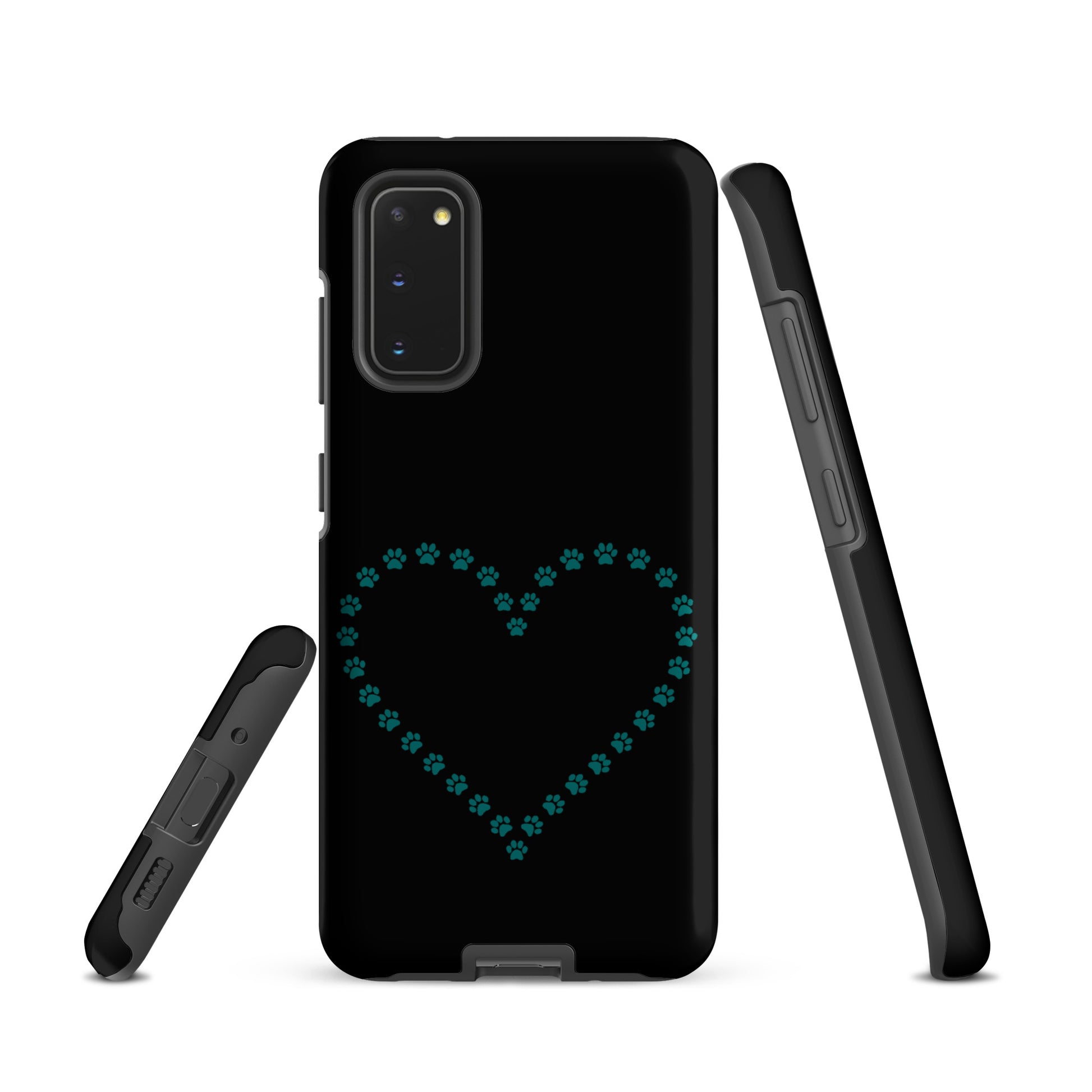 Phone Case for Samsung Galaxy with black and teal paw print heart design for pet lovers