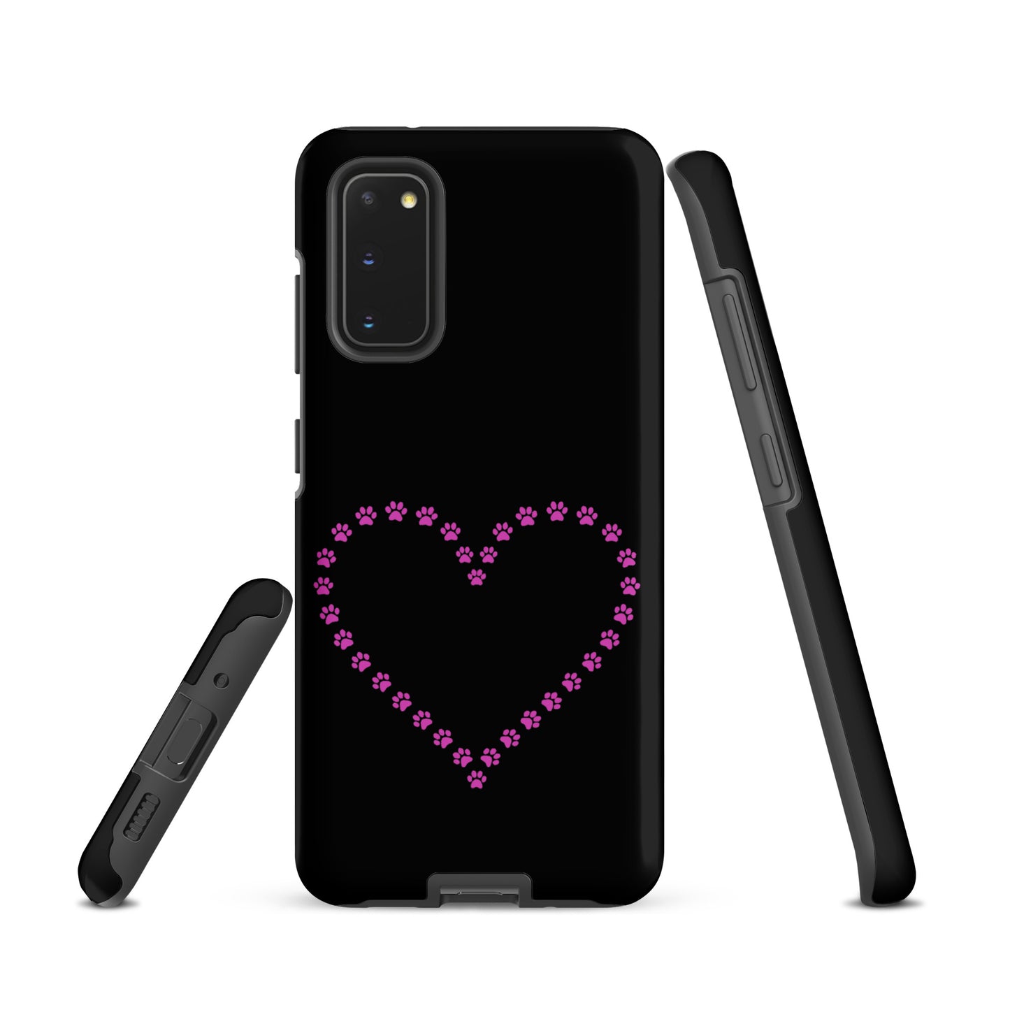 Phone Case for Samsung Galaxy with pink paw print heart design on black background for pet lovers