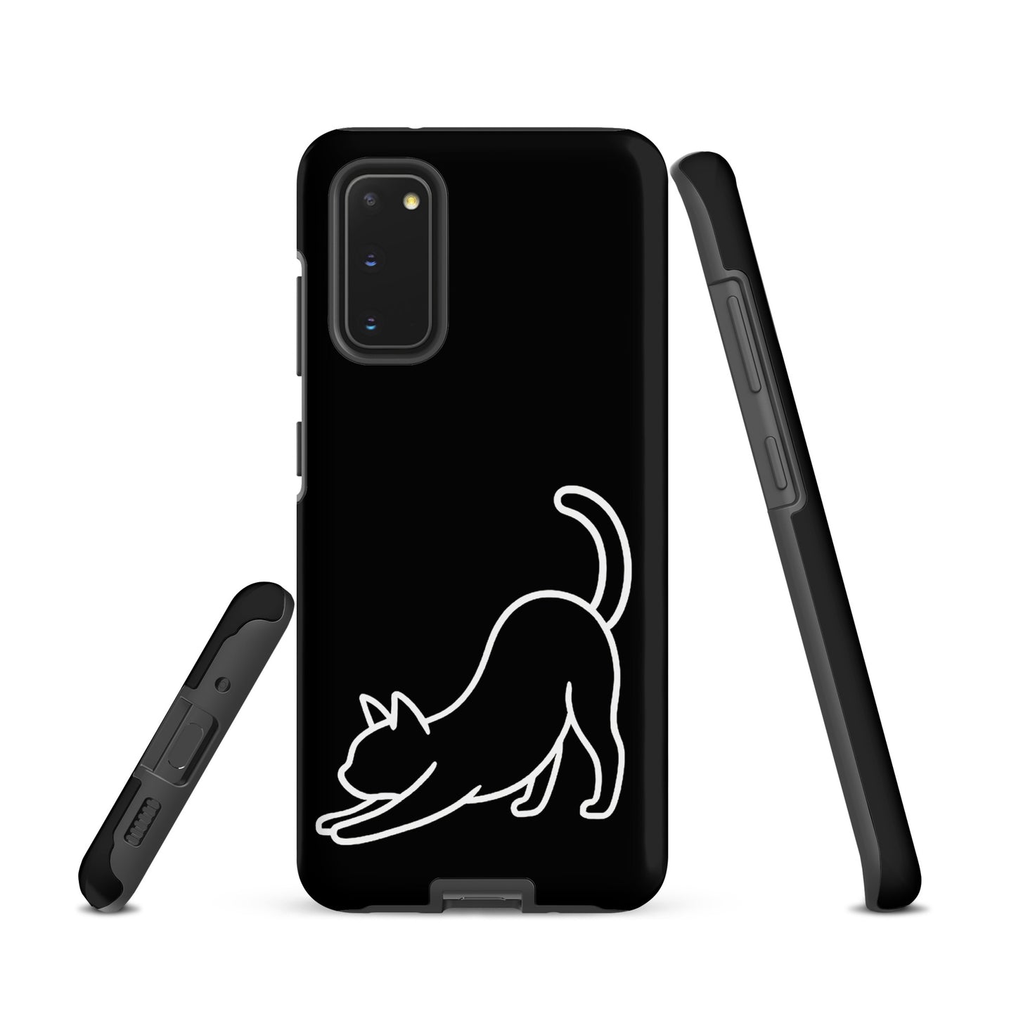 Phone Case for Samsung Galaxy with minimalist stretching cat design, sleek black cover, and impact protection.