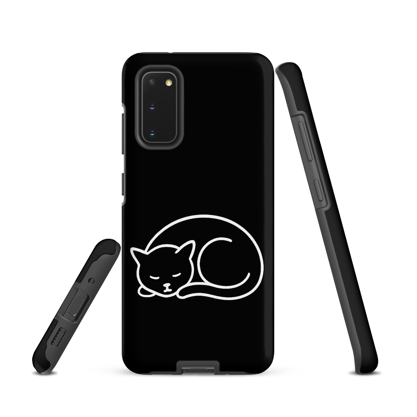 Phone Case for Samsung Galaxy phones featuring minimalist curled-up cat design with dual-layer protection for cat lovers.