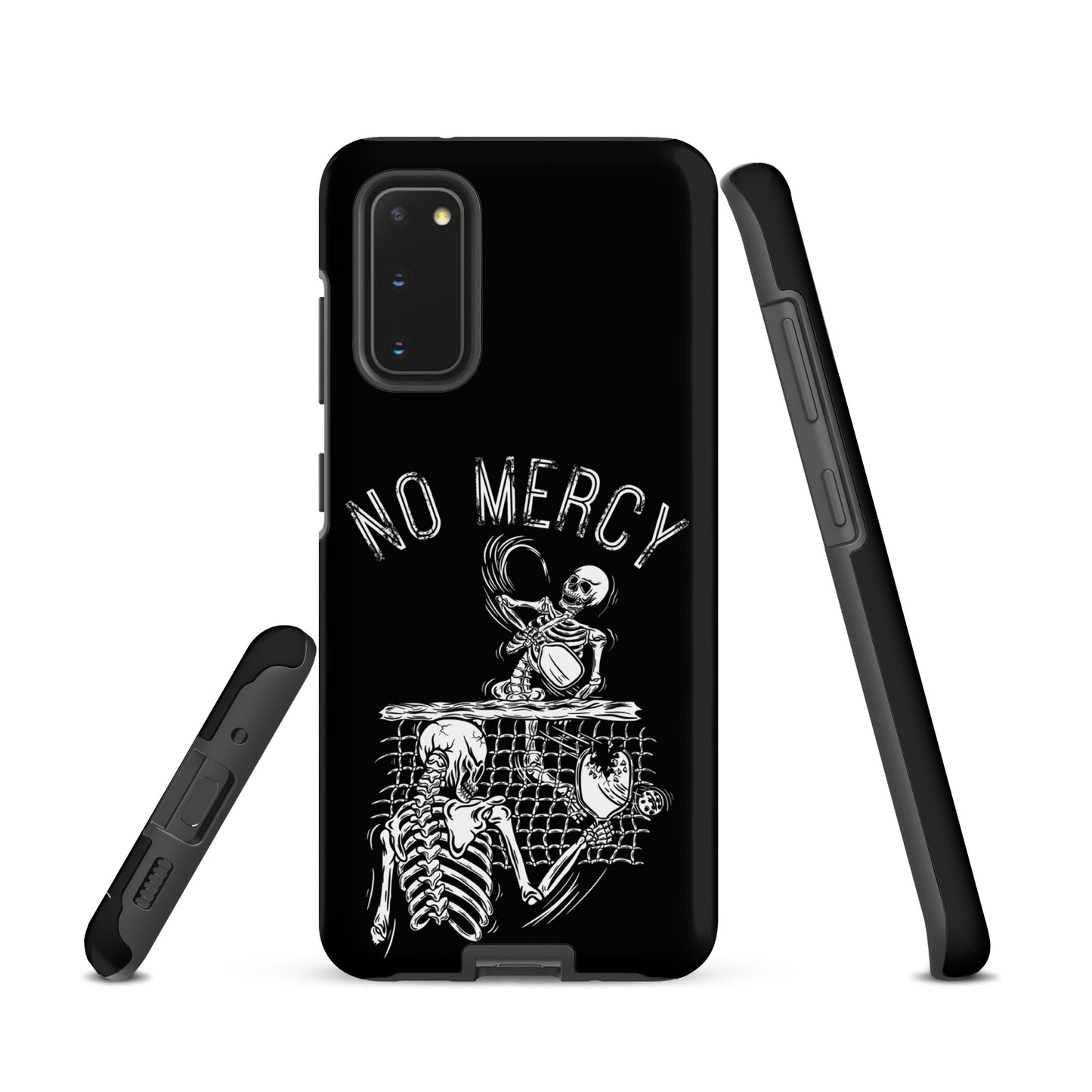 Pickleball Samsung Galaxy case with "No Mercy" skeleton design, perfect for intense players.