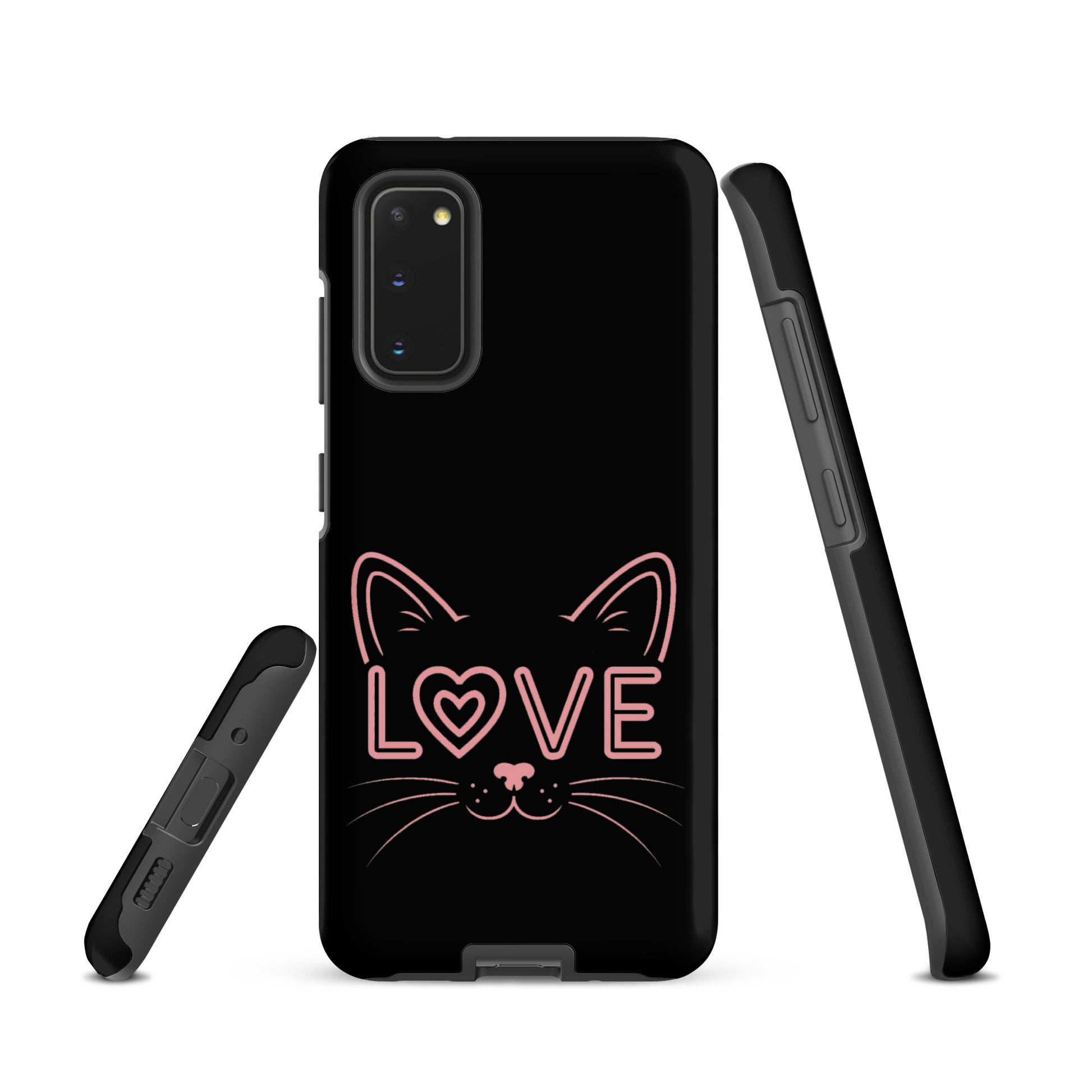 Cat Love phone case for Samsung Galaxy with cat face and love design, sleek black style.