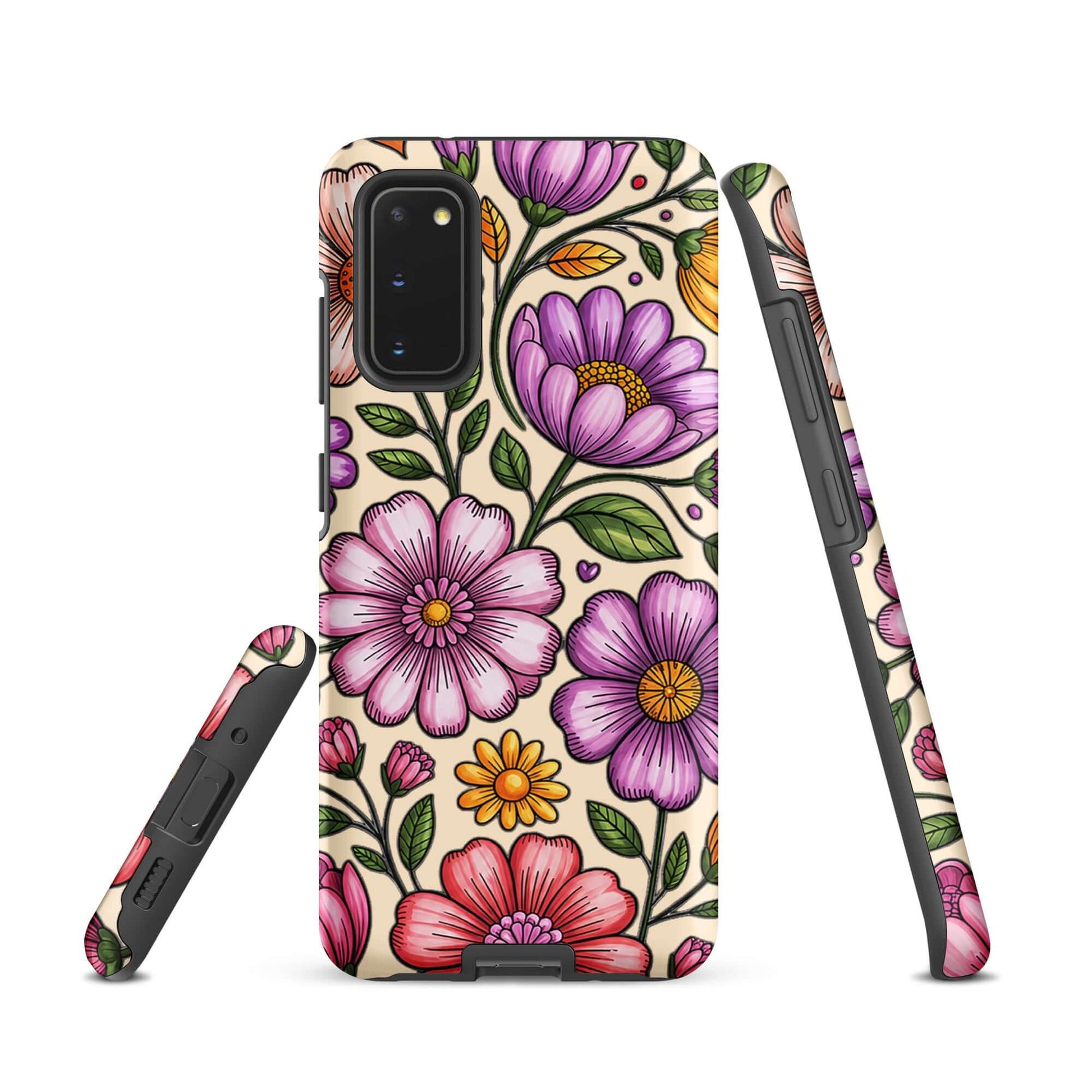 Phone Case for Samsung Galaxy with pastel floral design, showcasing cheerful pink, purple, and yellow blossoms on a durable polycarbonate shell.