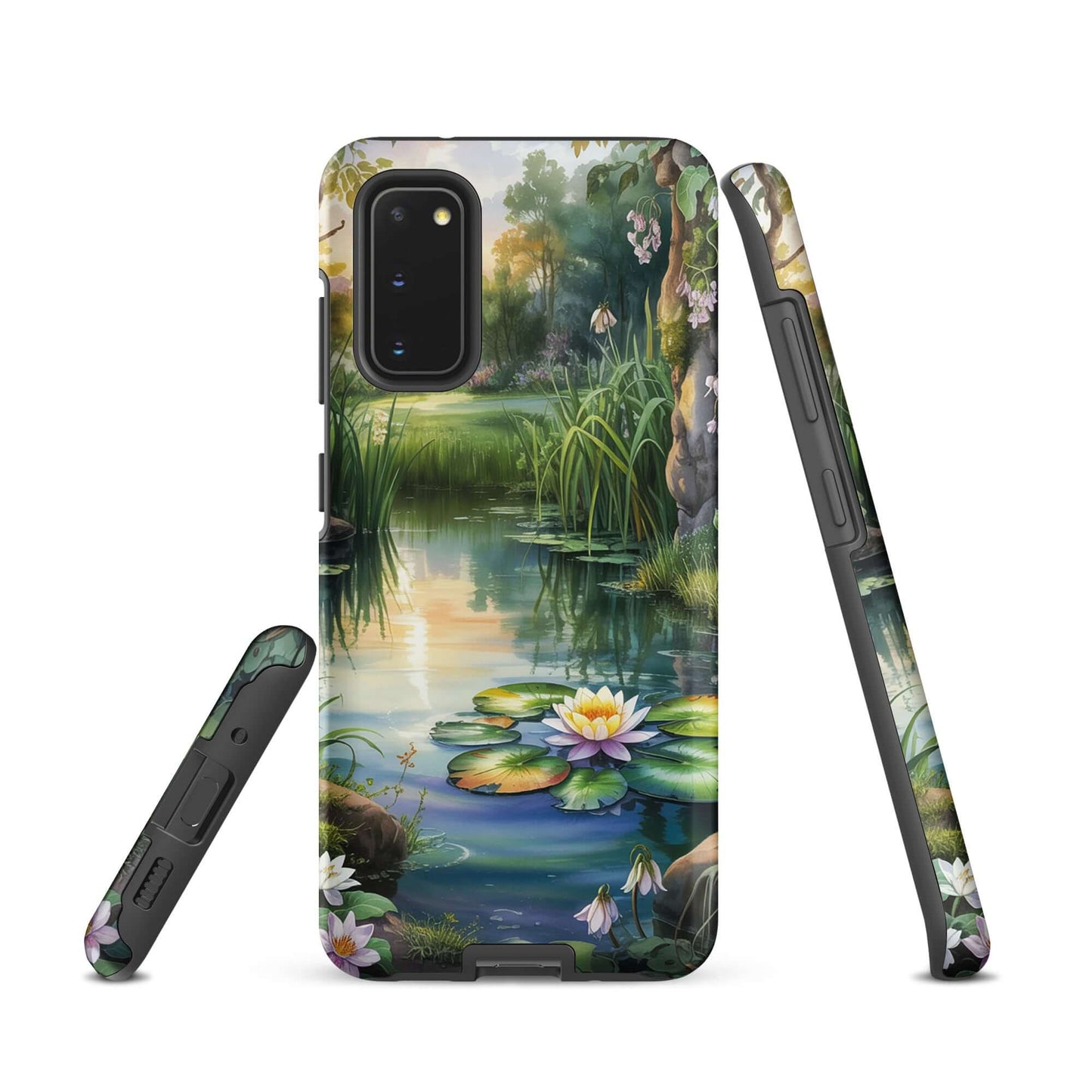 Phone Case for Samsung Galaxy featuring enchanting pond with lilies and wildflowers, adds storybook charm to your device.
