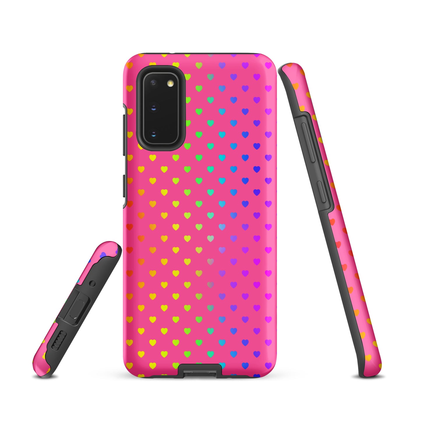 phone case for Samsung Galaxy with cute rainbow hearts on pink background, providing unique colorful design and protection.