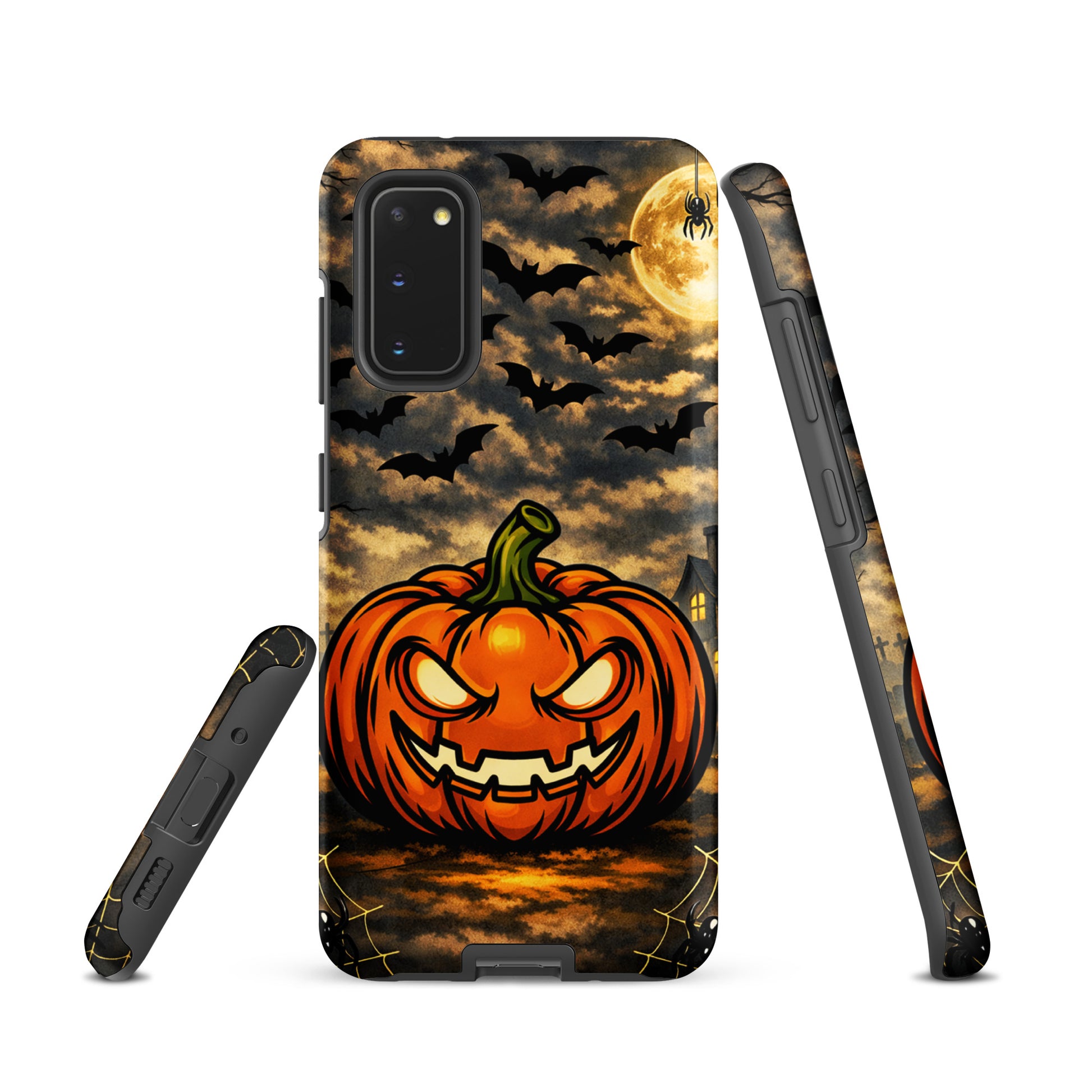 Phone Case for Samsung Galaxy with haunted pumpkin, bats, and moonlit Halloween scene.