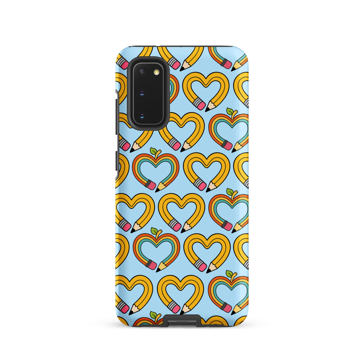 Phone Case for Samsung Galaxy with playful pencil-heart pattern, featuring whimsical design of pencil-shaped hearts and green leaves.