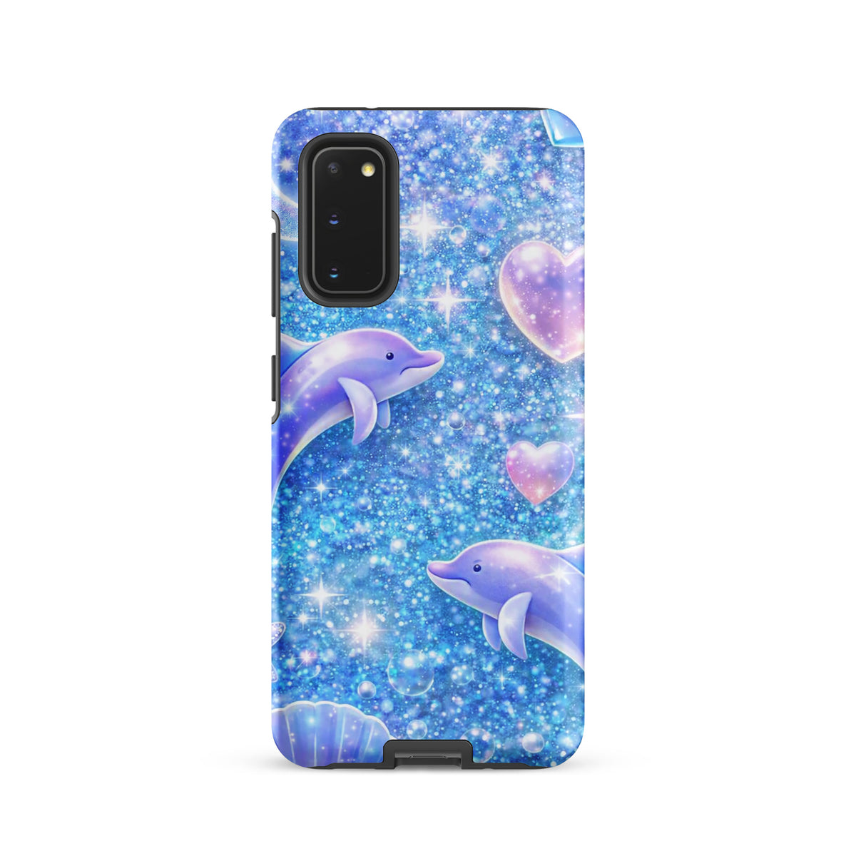 Phone Case for Samsung Galaxy with ocean glitter, dolphins, and celestial accents, dreamy sparkle design.
