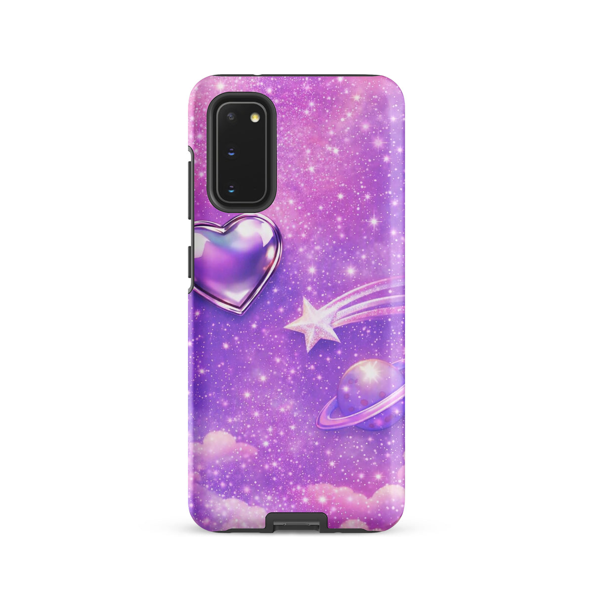 Phone Case for Samsung Galaxy featuring cosmic heart and shooting star design with pastel clouds and metallic accents.