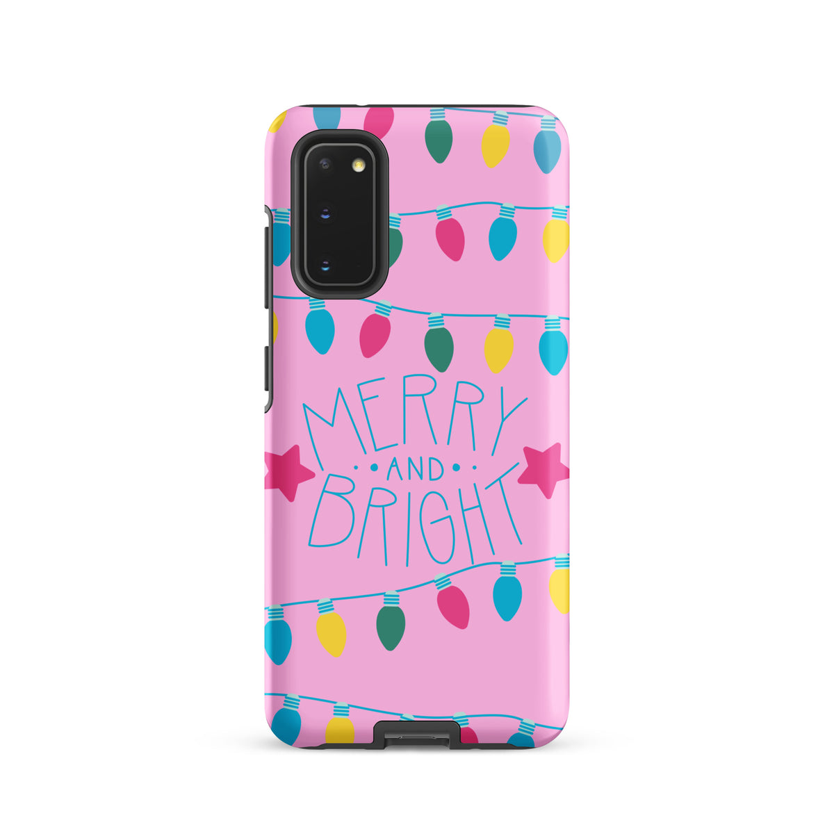 Phone Case for Samsung Galaxy with holiday lights and "Merry and Bright" design on pink background.