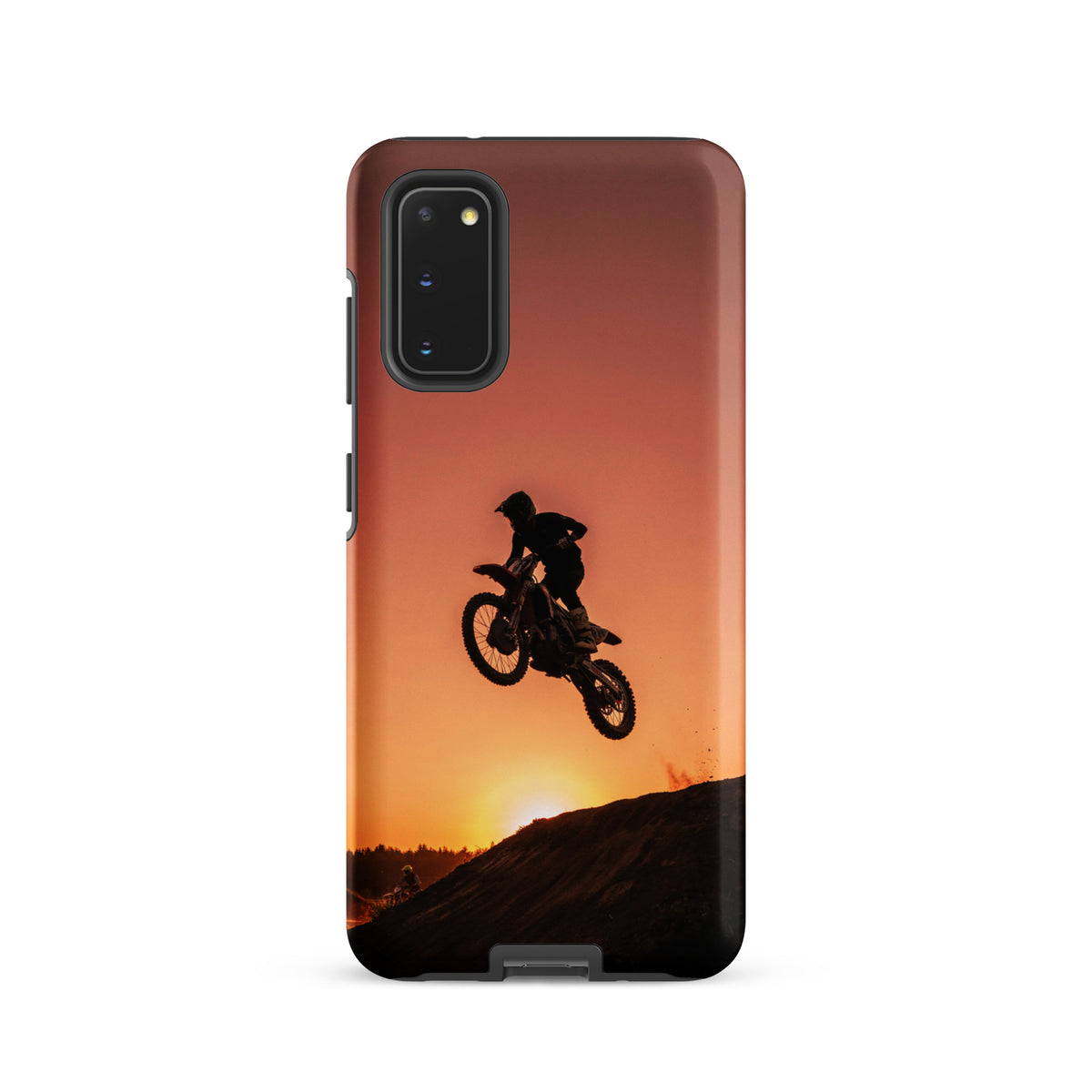 Phone Case for Samsung Galaxy with motocross sunset dirt bike design featuring silhouette against an orange and black sunset.