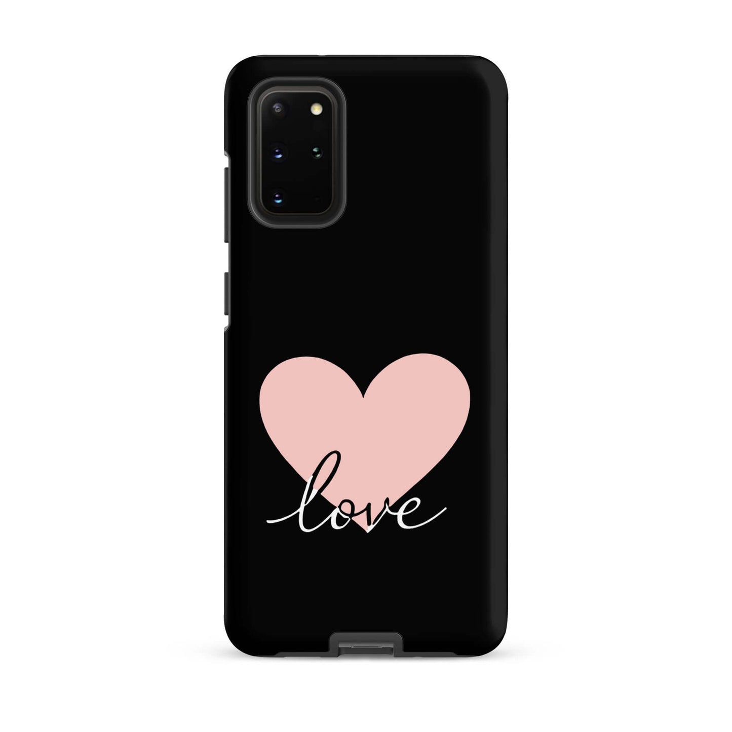 Phone Case Samsung Galaxy showcasing pink heart and script 'love' design on a black background.
