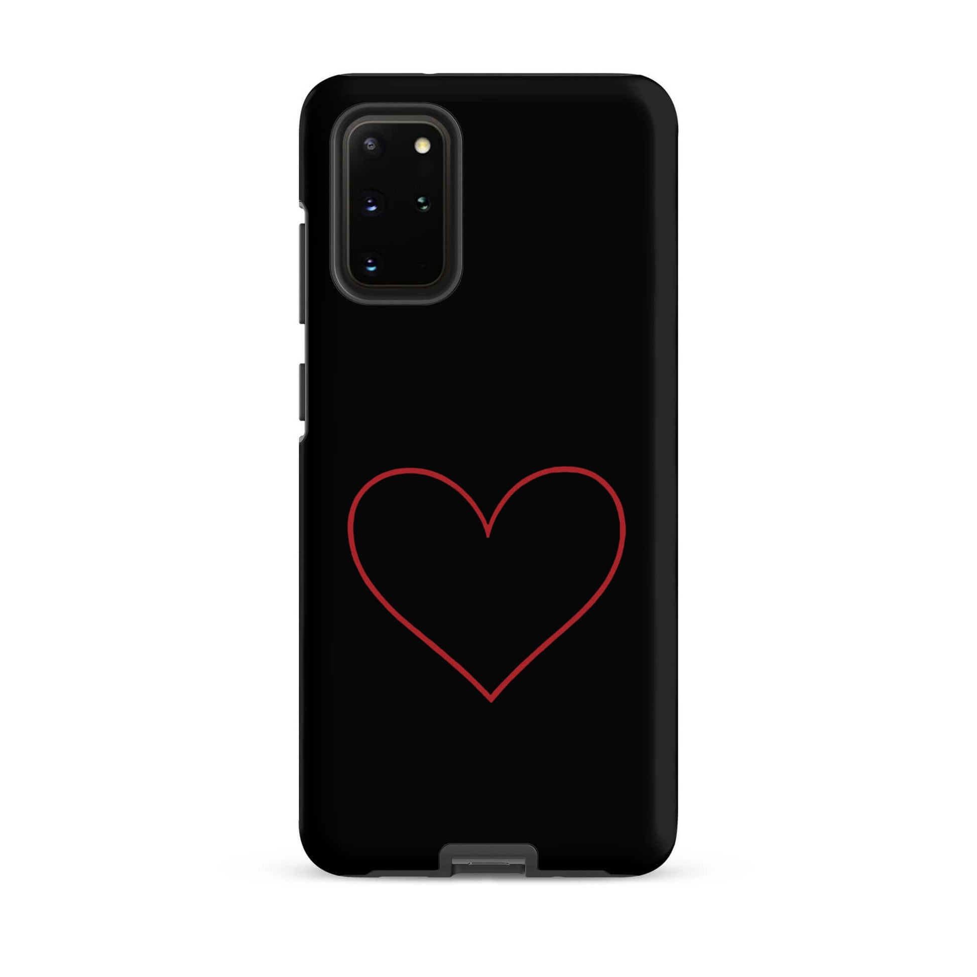 Phone Case for Samsung Galaxy with minimalist crimson heart design on sleek black background.