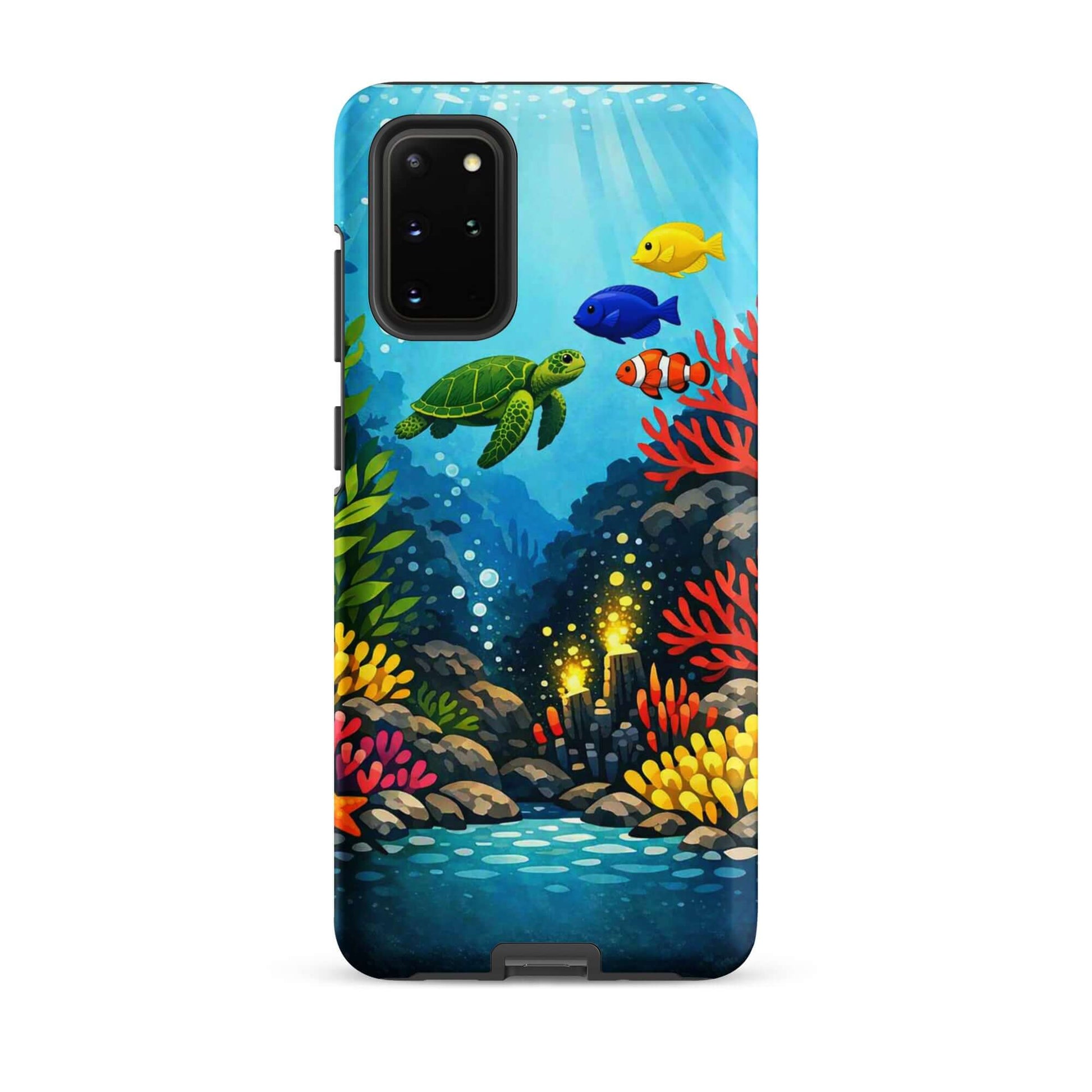 Phone case featuring vibrant sea turtle and coral reef design, showcasing colorful marine life.