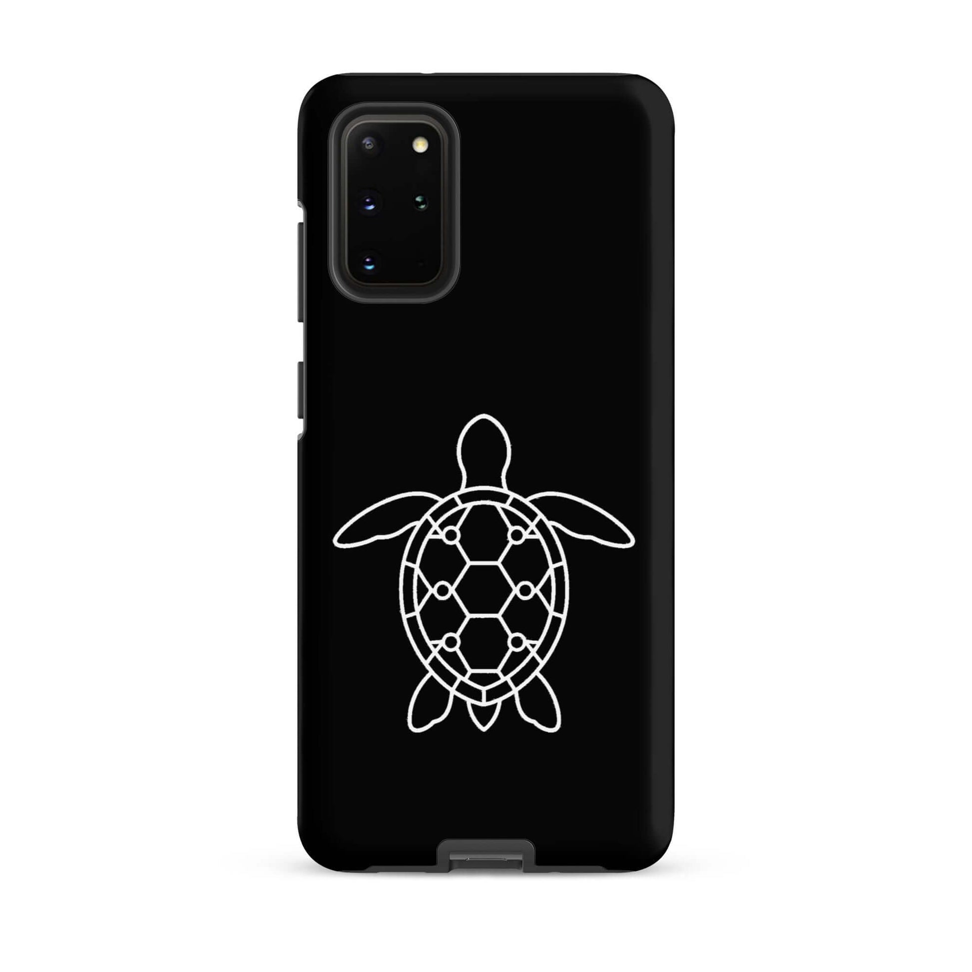 Phone case for Samsung Galaxy featuring a minimalist sea turtle silhouette design on a black background.
